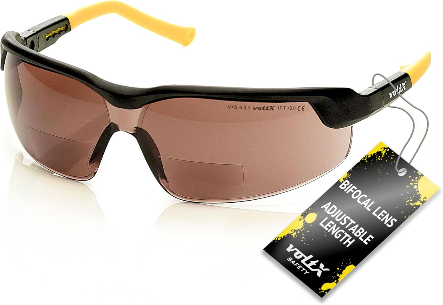voltX GT ADJUSTABLE Bifocal Reading Safety Glasses (Brown Lens +1.0), ANSI Z87.1+ & CE EN166FT, Anti fog coated, UV400 Lens, Scratch resistant, Tilt & length adjustable earstems, clip on safety cord. +1.0 Dioptre Gt Brown image 2 of 9 B01EJY1FGK
