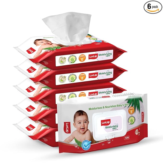 LuvLap Paraben Free Baby Wipes with Aloe Vera, with Fliptop Lid (72 Wipes/Pack, Pack of 6)