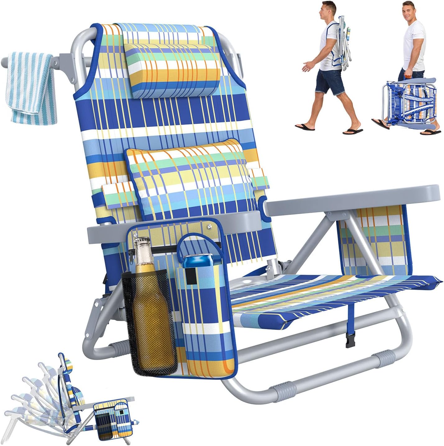 Suteck Beach Chair, Adjustable 5-Position Backpack Beach Chairs for Adults Kids, Foldable Lay Flat Chair with Cooler Bag, Cup Holder and Lumbar Pillow, Reclining Lay Down Chairs for Lawn Outdoor
