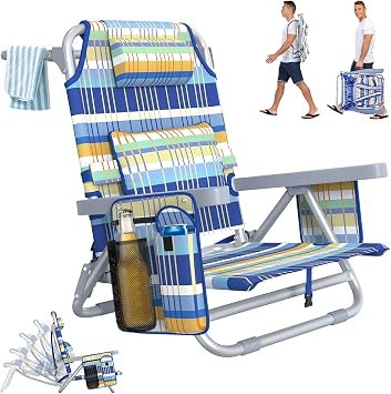 Suteck Beach Chair, Adjustable 5-Position Backpack Beach Chairs for Adults Kids, Foldable Lay Flat Chair with Cooler Bag, Cup Holder and Lumbar Pillow, Reclining Lay Down Chairs Rainbow Blue