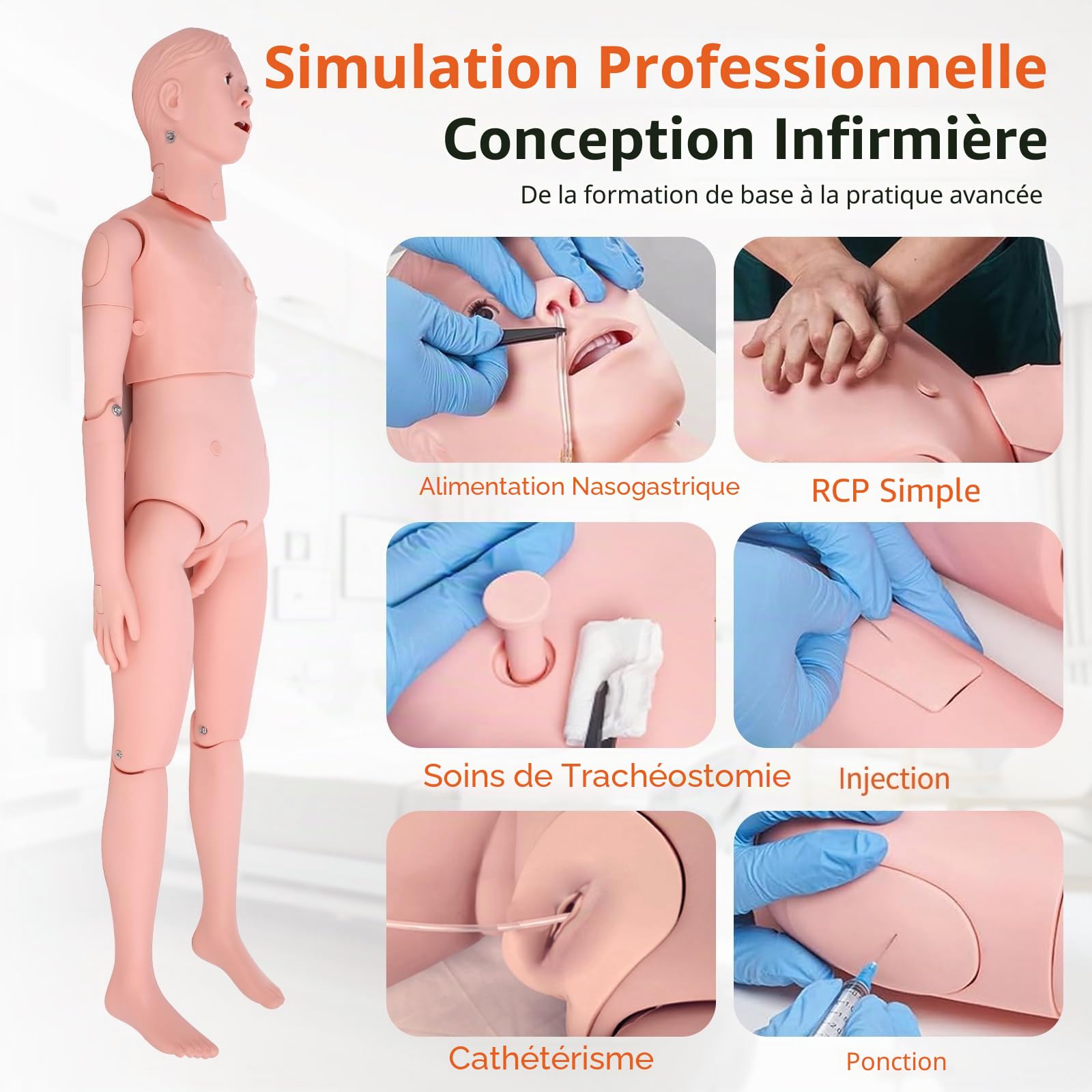 Mannequin de Soins Infirmiers Homme Femme - Mannequin de Soins aux Patients - 160 cm - Mannequin de Formation pour Infirmiers en PVC - 26 Compétences - Pour l'enseignement et l'éducation