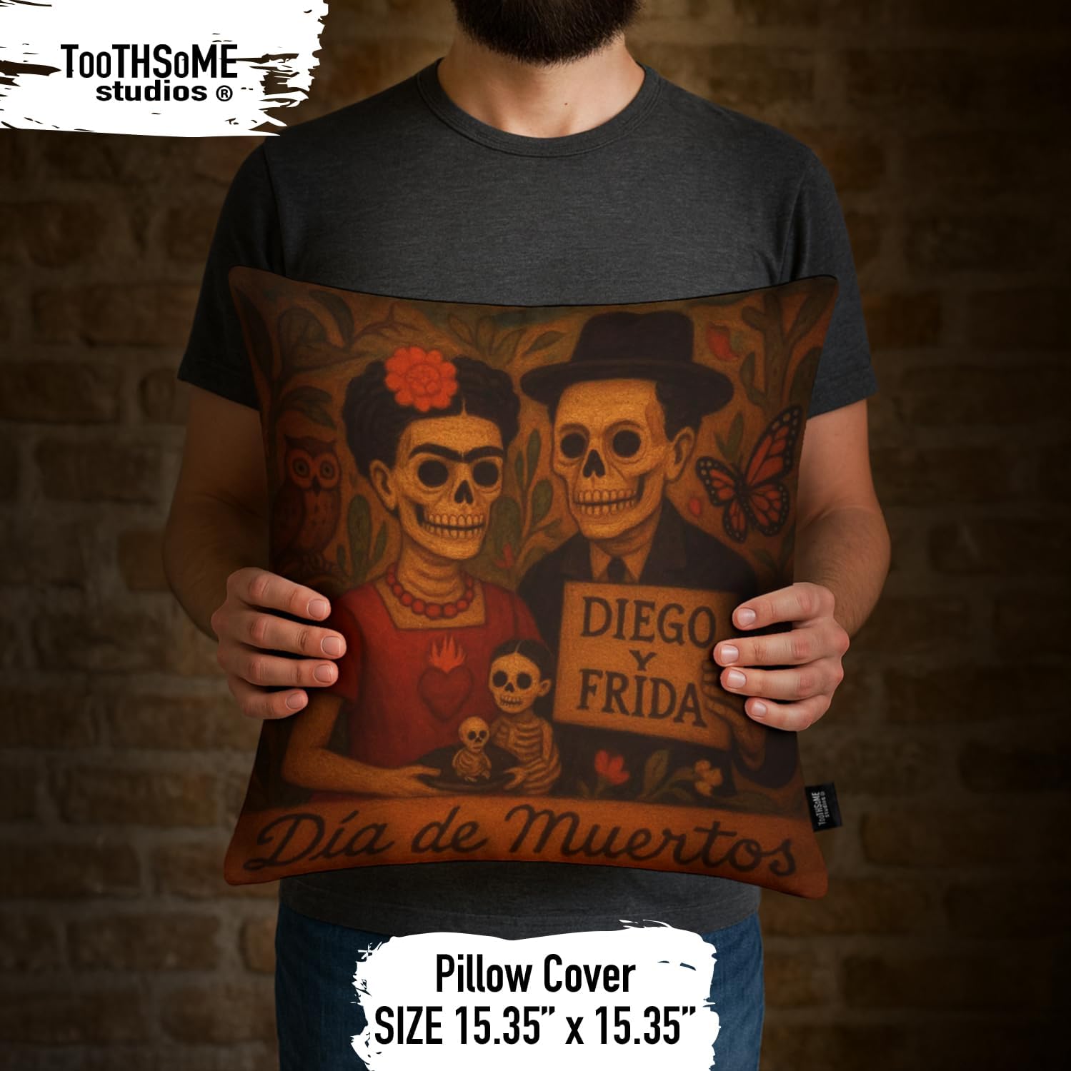 Frida 2-Pack Day of the Dead Throw Pillow Cases, 15.35 x 15.35 inches, (Insert/Filing Not Included), Dia De Muertos Lotería Theme, Colorful Plush Decor (2, DiegoYFrida,FridaHaciendoPan)