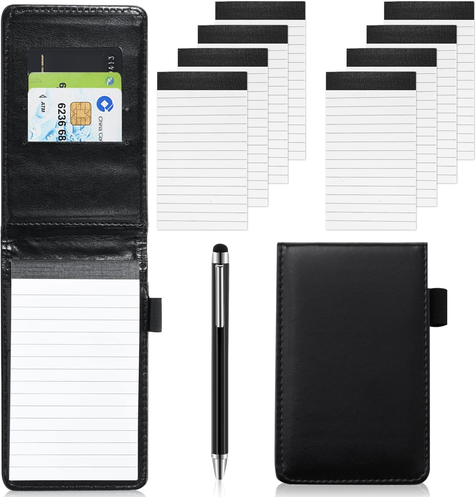 10Pcs Mini Pocket Notepad Holder Set,Durable Cover,Refillable,Leather Pocket Notebook with Pen,8Pcs 3"x5" Memo Book Refills with 30 Lined Paper Per Note Pad,Leather Notepad Pocket Business Notebook