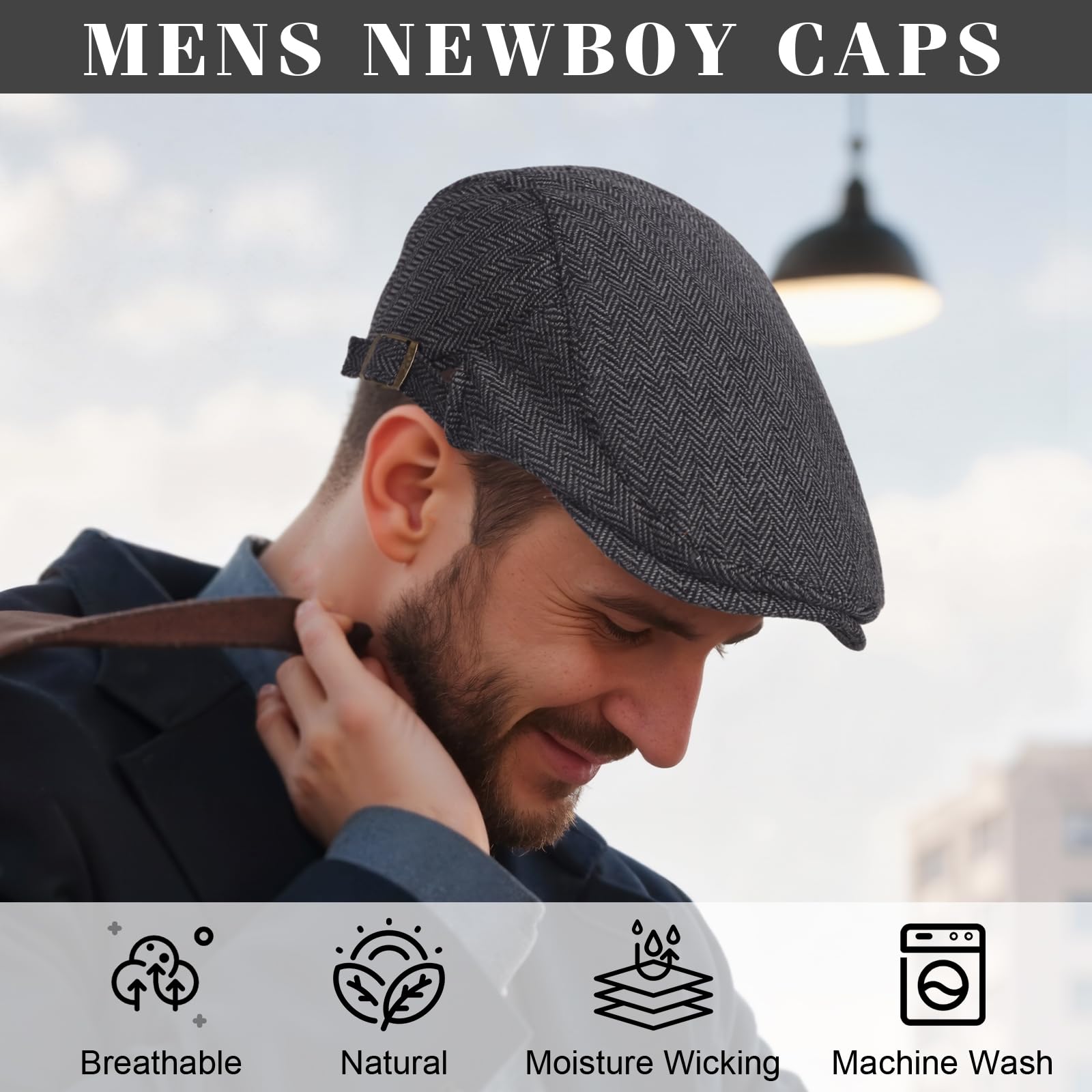 Senker - Confezione da 2 cappelli classici a spina di pesce, in misto lana, piatti, Ivy Gatsby Newsboy Cabbie Driving, D-nero/grigio, taglia unica