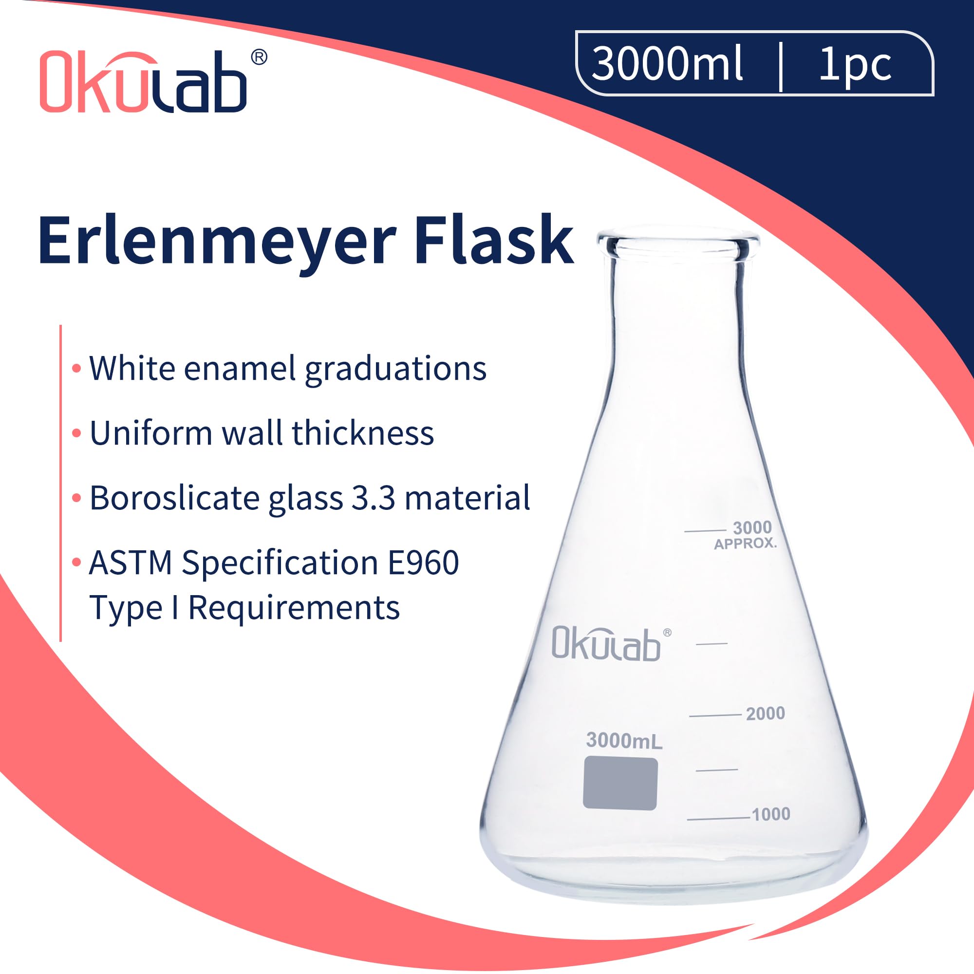 Lab Glass Erlenmeyer Flask 3000ml Wide Mouth Conical Flask - View #2