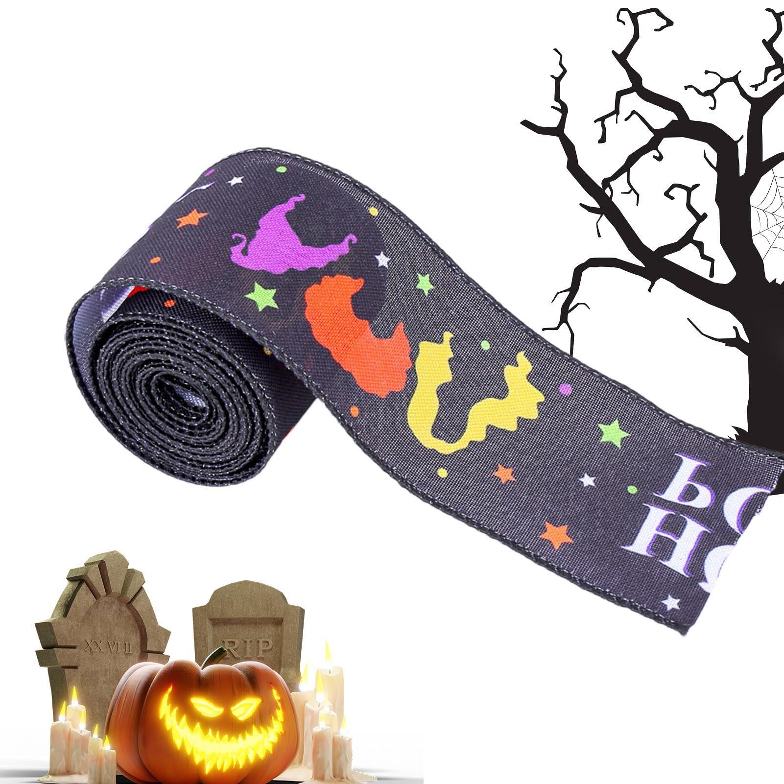 Halloween-Band Mit Drahtrand – Geister & Kürbis-Muster, 12 Meter, 6,3 Cm Breit, Schwarz-orange-weiß, Für DIY & Deko