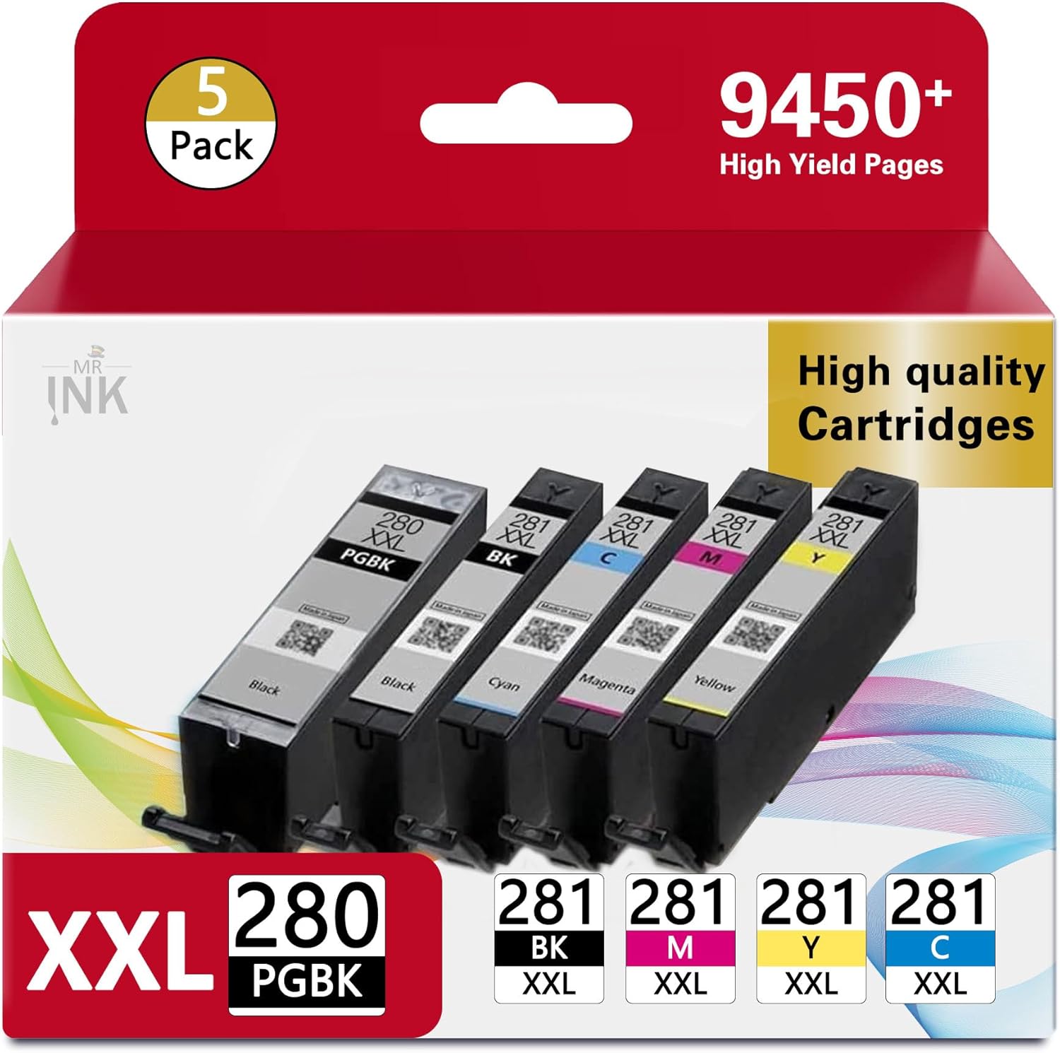 PGI-280 XXL/CLI-281 XXL Ink Cartridge 5 Color Value Pack Replacement for Canon 280 281 Ink Cartridges Compatible with Printer TR8520 TR8620 TR7520 TR8600 TS6120 TS6220 TS9120