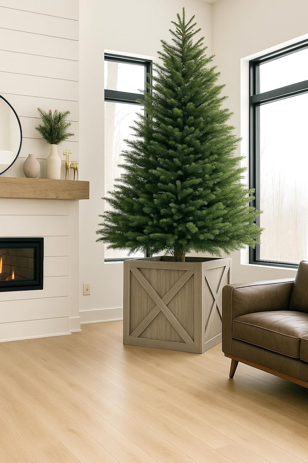 Christmas Tree Riser with Storage, 24 Inch Wooden Tree Collar Stand for 6–8 FT Trees, Magnetic Door Closure, Removable Shelf, Pet Safe Elevated Base (Brown)