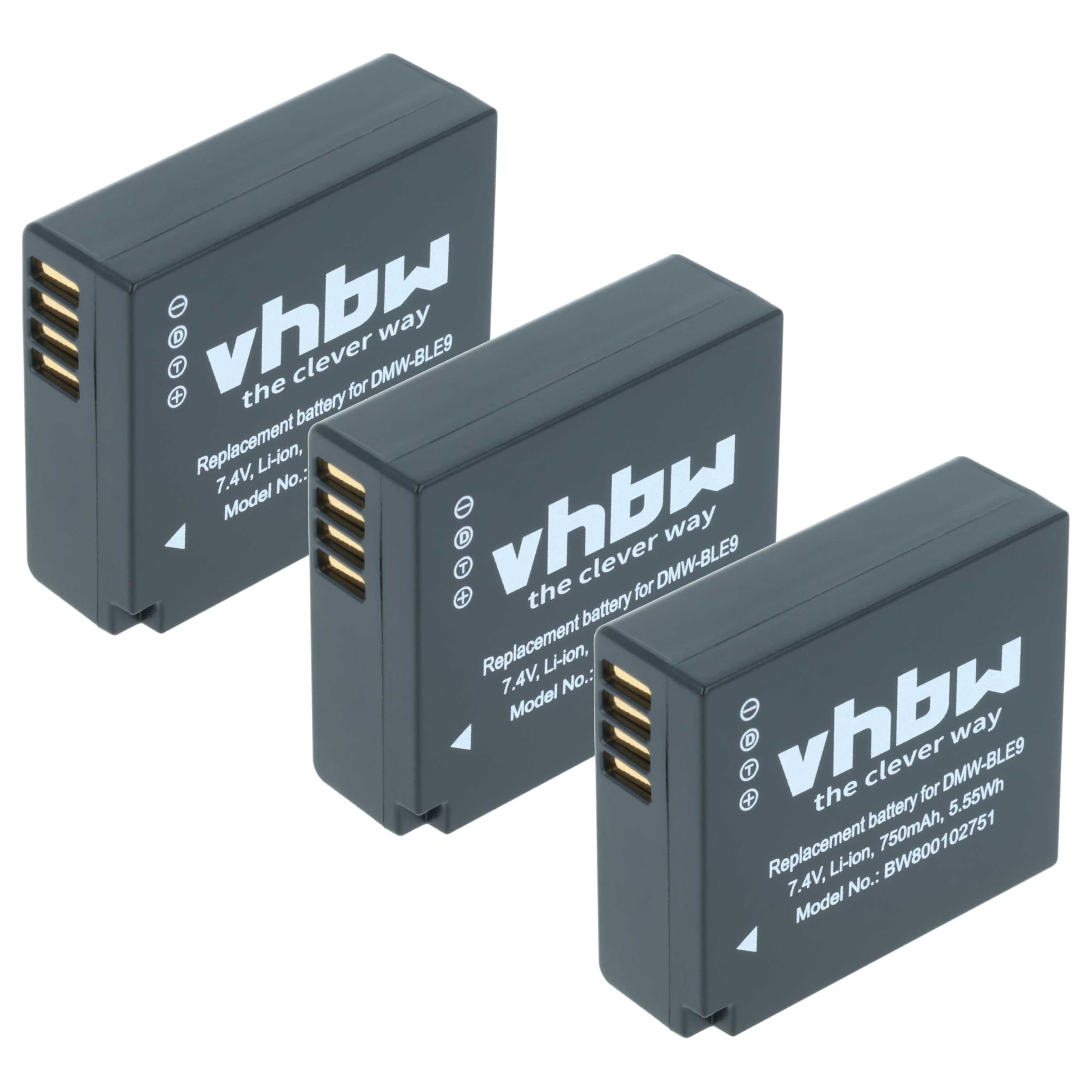 vhbw 3x batteria compatibile con Panasonic Lumix DMC-LX100S, DMC-LX100K, DMC-S6K, DMC-S6, DMC-GX9, DMC-TX1 fotocamera (750mAh, 7,2V, Li-Ion)