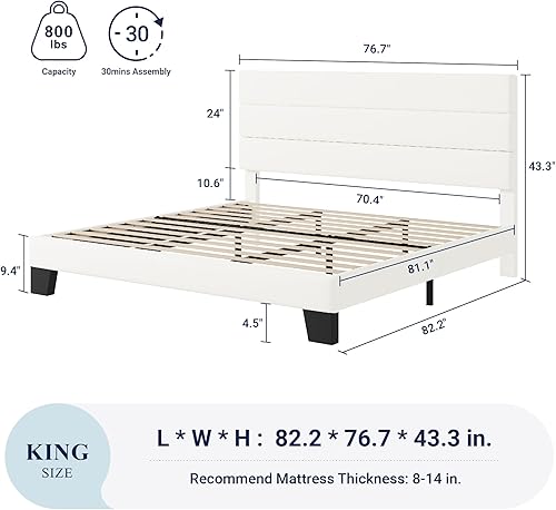 Miniatura 31 de Allewie - Base de cama tamaño King con cabecera tapizada en tela y soporte de listones de madera; base de colchón completamente tapizada; no Azul