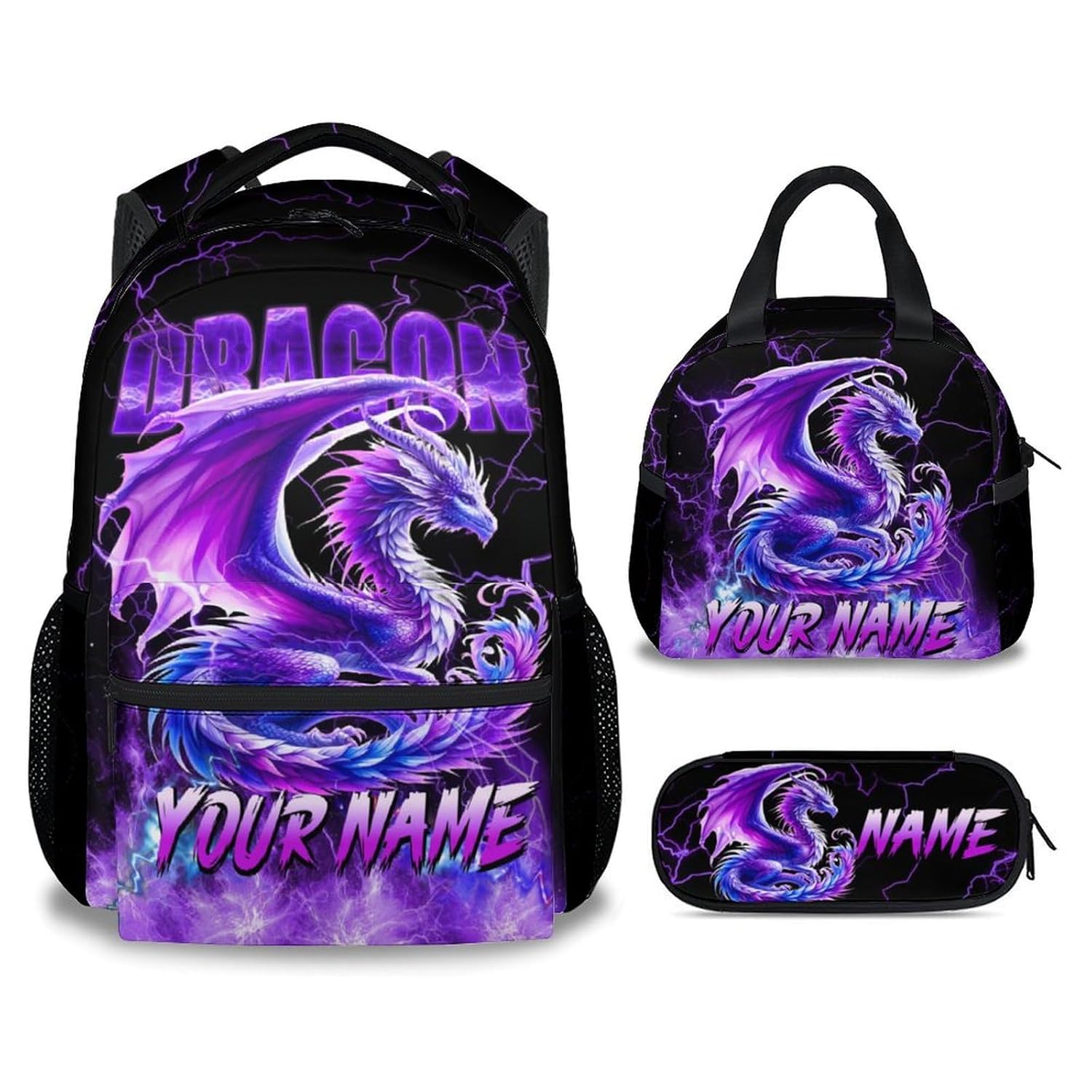 Personalized Kids Backpack with Lunch Box Dragon Backpack for Girls Boys 17 Inch Custom School Bag Set for