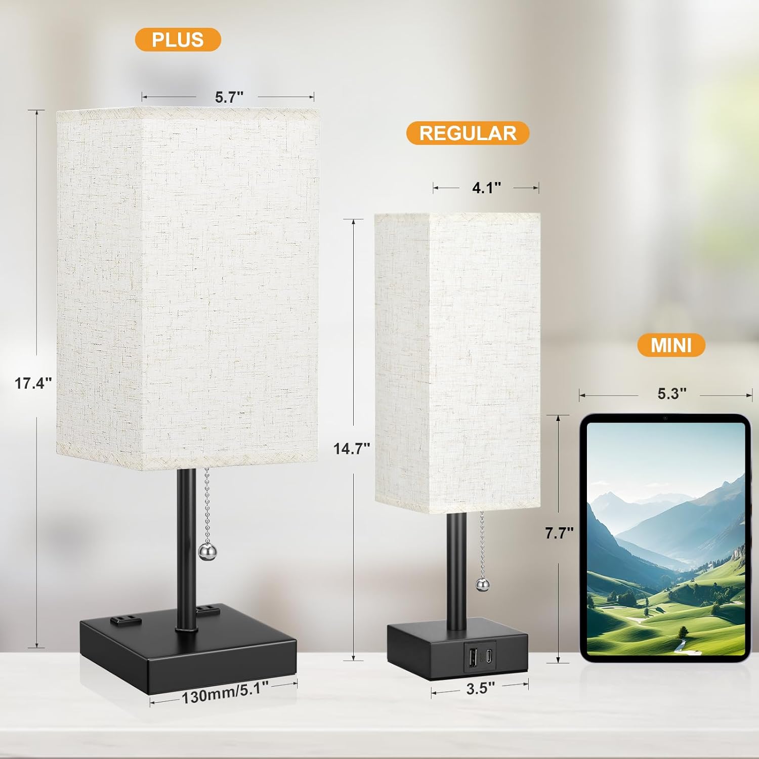 aooshine Beige Table Lamp for Bedroom - 3 Color Temperature 3000K 5000K 4000K Bedside Lamp, Pull Chain Control, USB A and C Ports, AC Outlets, Bulb Included, Medium