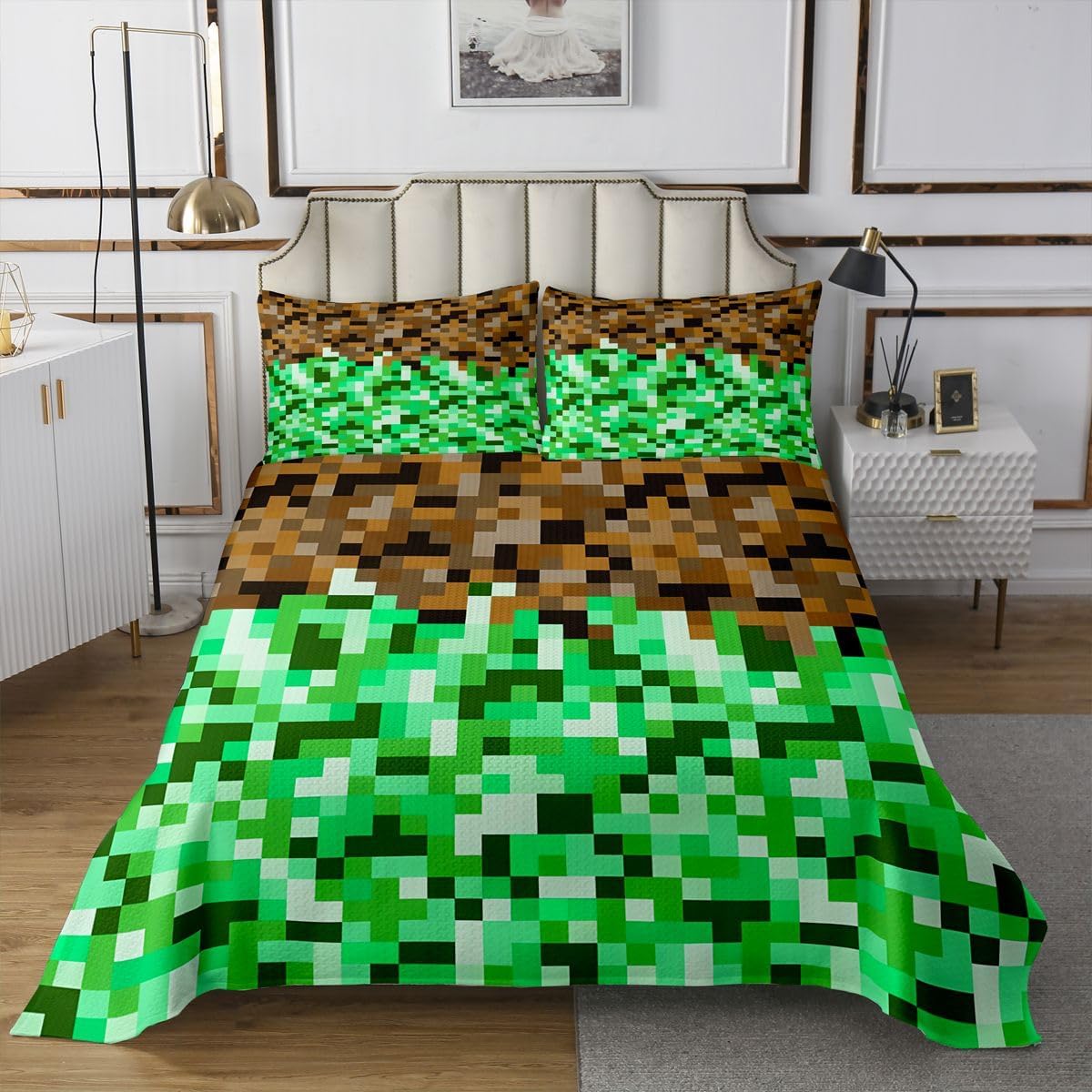 Pixelated Plaid Kids Bedspread Queen Size,Video Games Geometric Blocks Coverlet Set,Girls Boys Room Decor,Abstract Check Patchwork Quilted Coverlet,Green Brown Bedding Quilt,2 Pillowcases