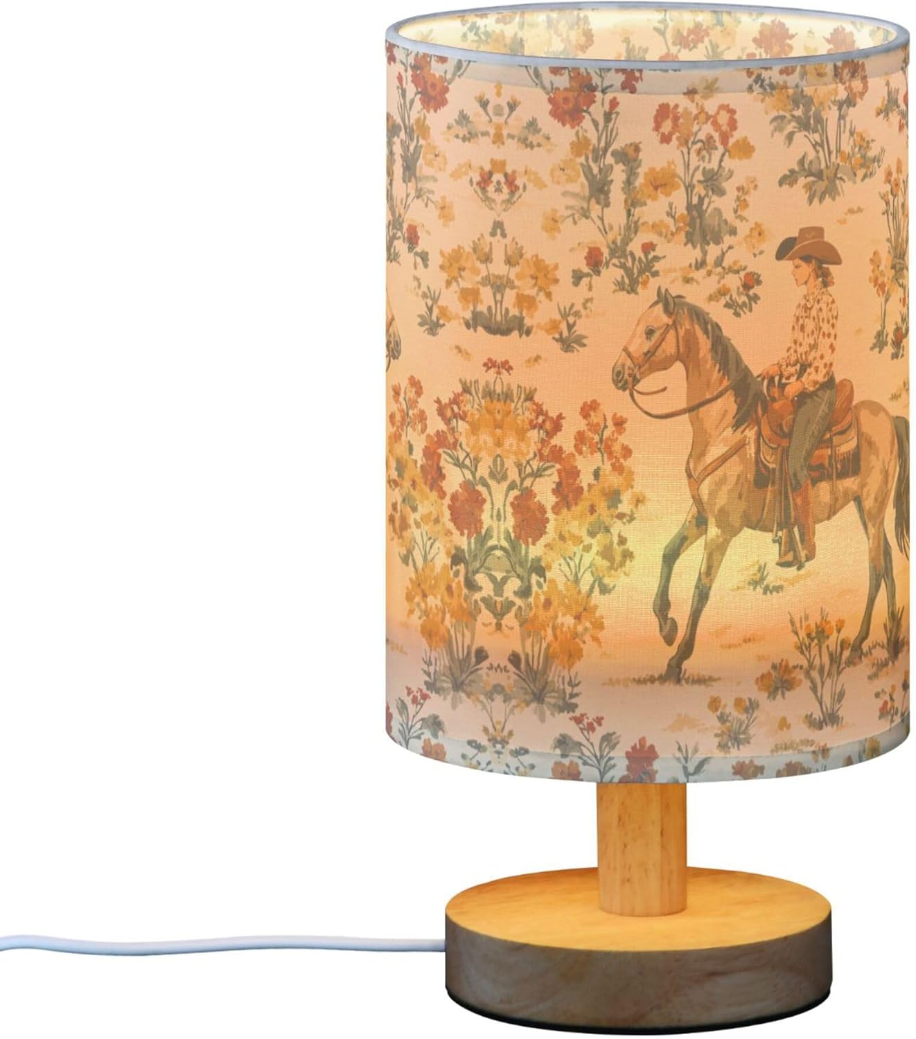 Table Lamp Cowgirl Horse in Floral Field Nightstand Lamp with Wood Base Fabric Lamp Shade Bedside Desk Lamp for Living Room Bedroom Kids Room Office