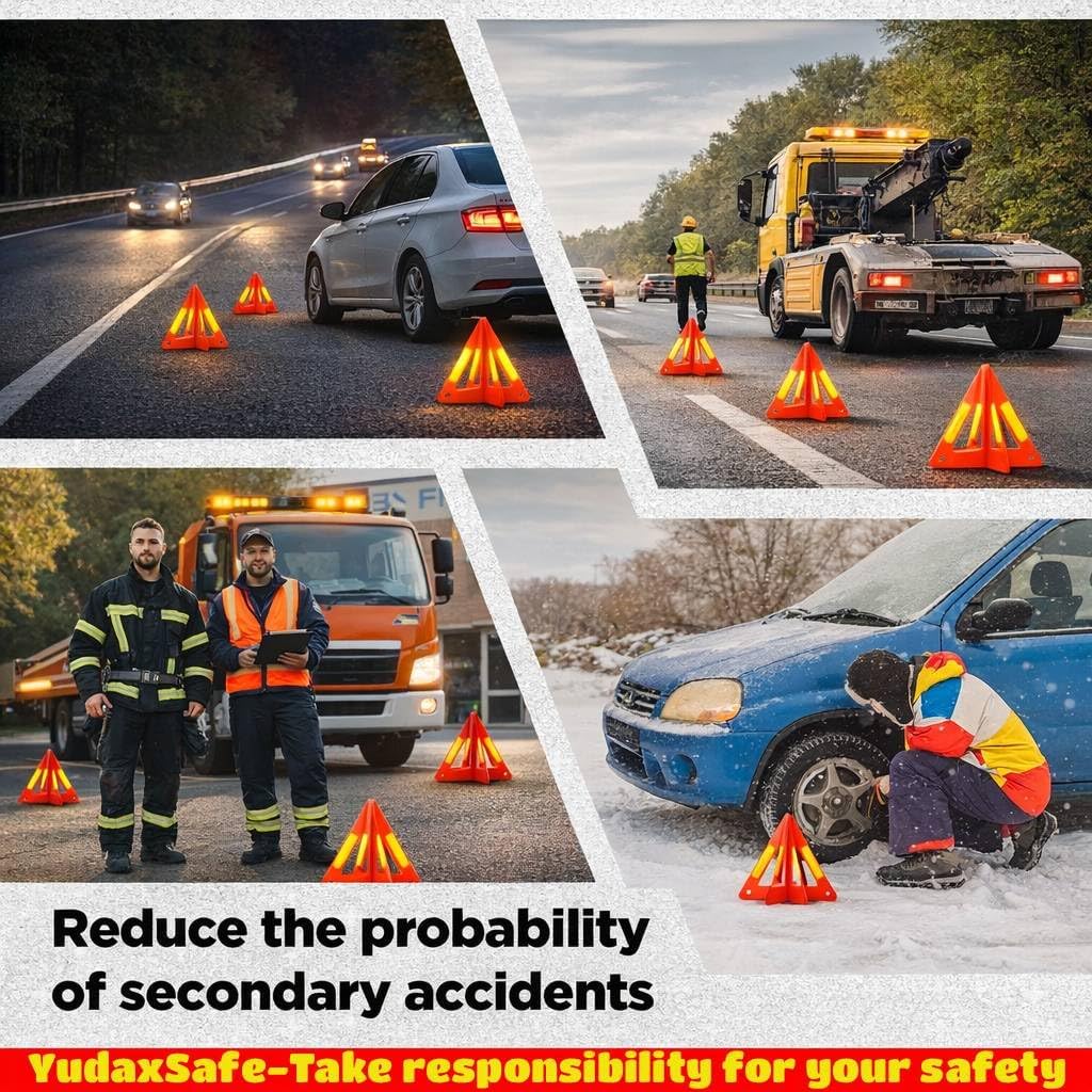 Safety Triangles for Vehicles, 6 Set Emergency Warning Reflective Triangles, Modular Two-Piece Design, High Visibility Roadside Safety Triangles for Car, Truck, SUV