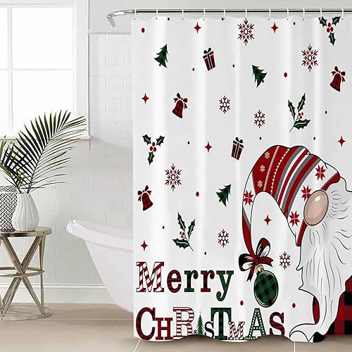 Miniatura 5 de zzsunfeel Juego de cortinas de ducha impermeables con 12 ganchos, caja de regalo de gnomo de Feliz Navidad, campana, copos de nieve, bayas, 72 x 72
