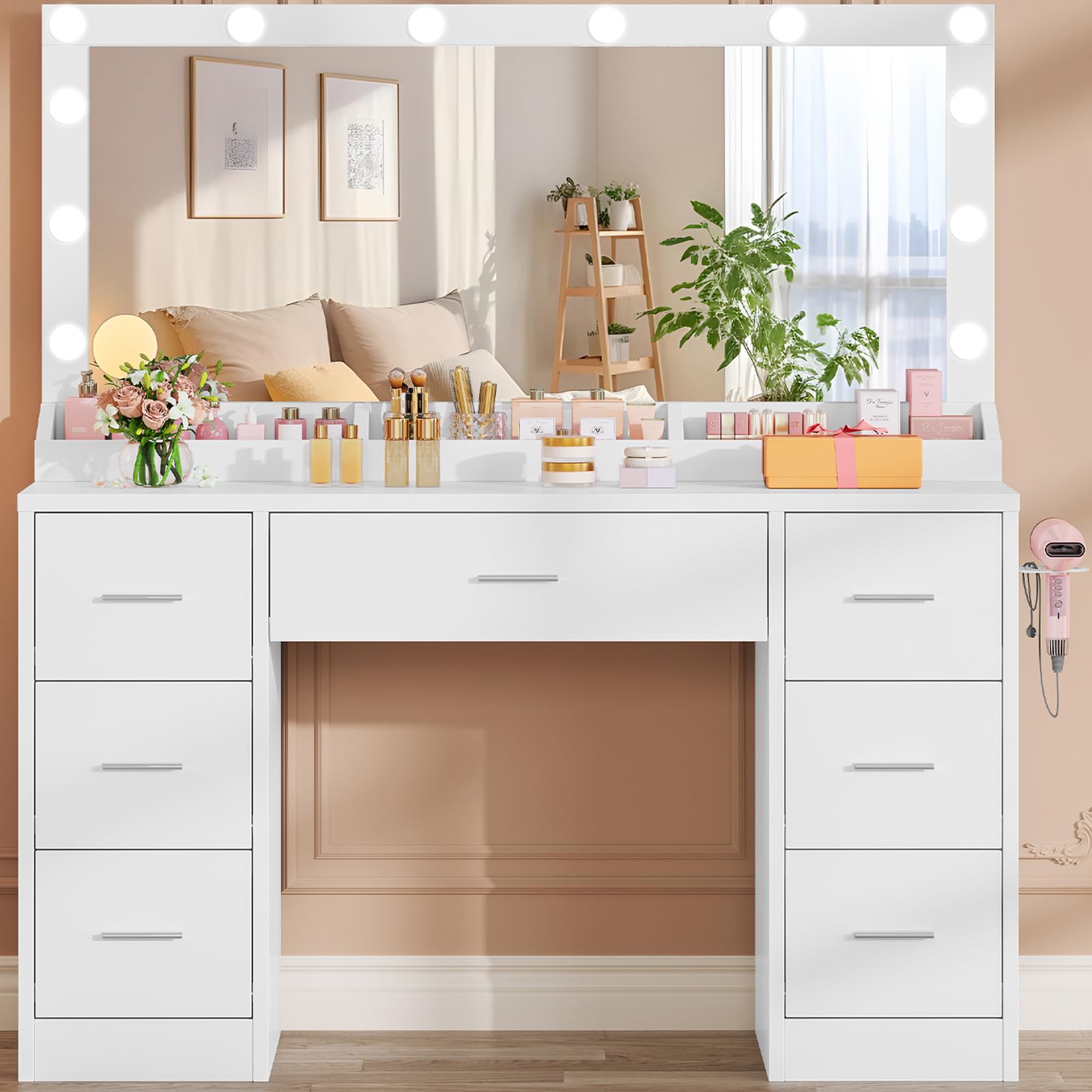 TEENFON Dressing Table with Large Mirror & 12 LED Lights, Vanity Makeup Desk with 7 Drawers and Hairdryer Holder, 3 Adjustable Light Colours, White Vanity Table for Women & Girls — image 1