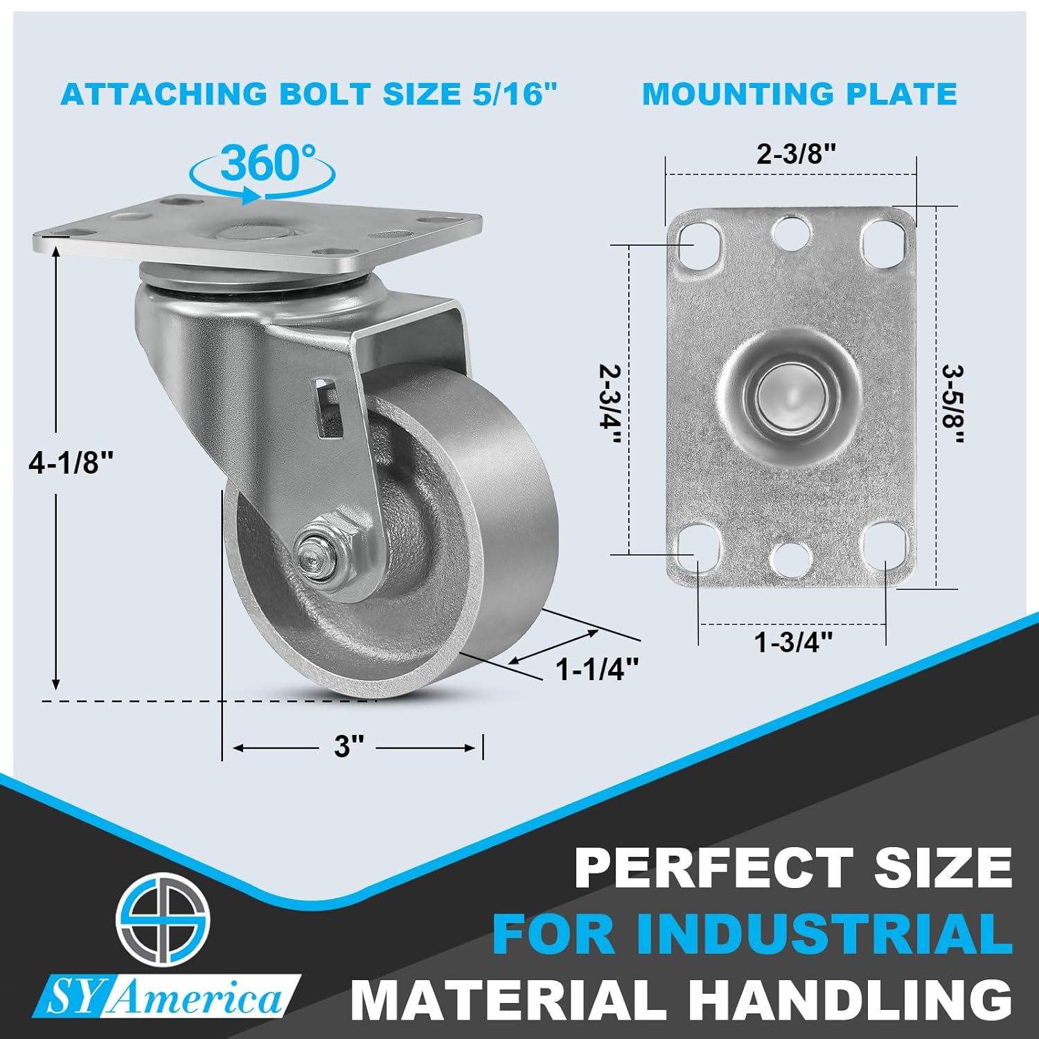 SY America 3" Heavy Duty Casters Set of 4,Cast Iron Semi-Steel Caster Wheels,Metal Industrial Casters,1400 LB Capacity-4 Swivel