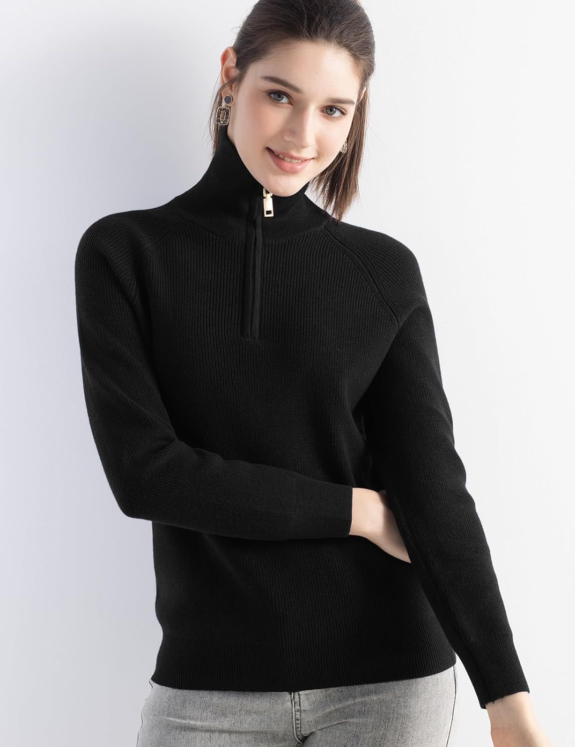Women's Merino Wool Blend Sweater 2025 Fall Winter Trendy Polo V Neck 1/4 Zipper Long Sleeve Knit Pullover Sweater - Image 2