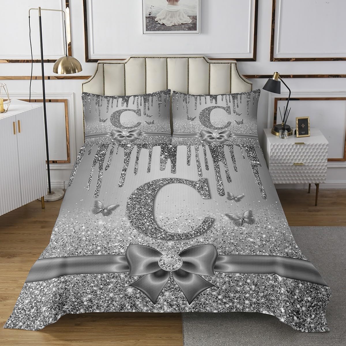 Erosebridal Grey Monogrammed Coverlet Set Queen for Girls Women - Coquette Alphabet Letters Bedspread Sequins Bow Room Decor Quilt Set for Kids Adults,Glitter Personalized Initial C Bedding Quilted