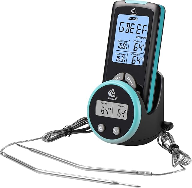 Digital Meat Thermometer Wireless - AIMILAR AY6002B Remote Meat Temperature Thermometer Backlight with Dual Probes Timer Alarm for Kithen Oven Cooking Grilling and Smoking 328ft Range