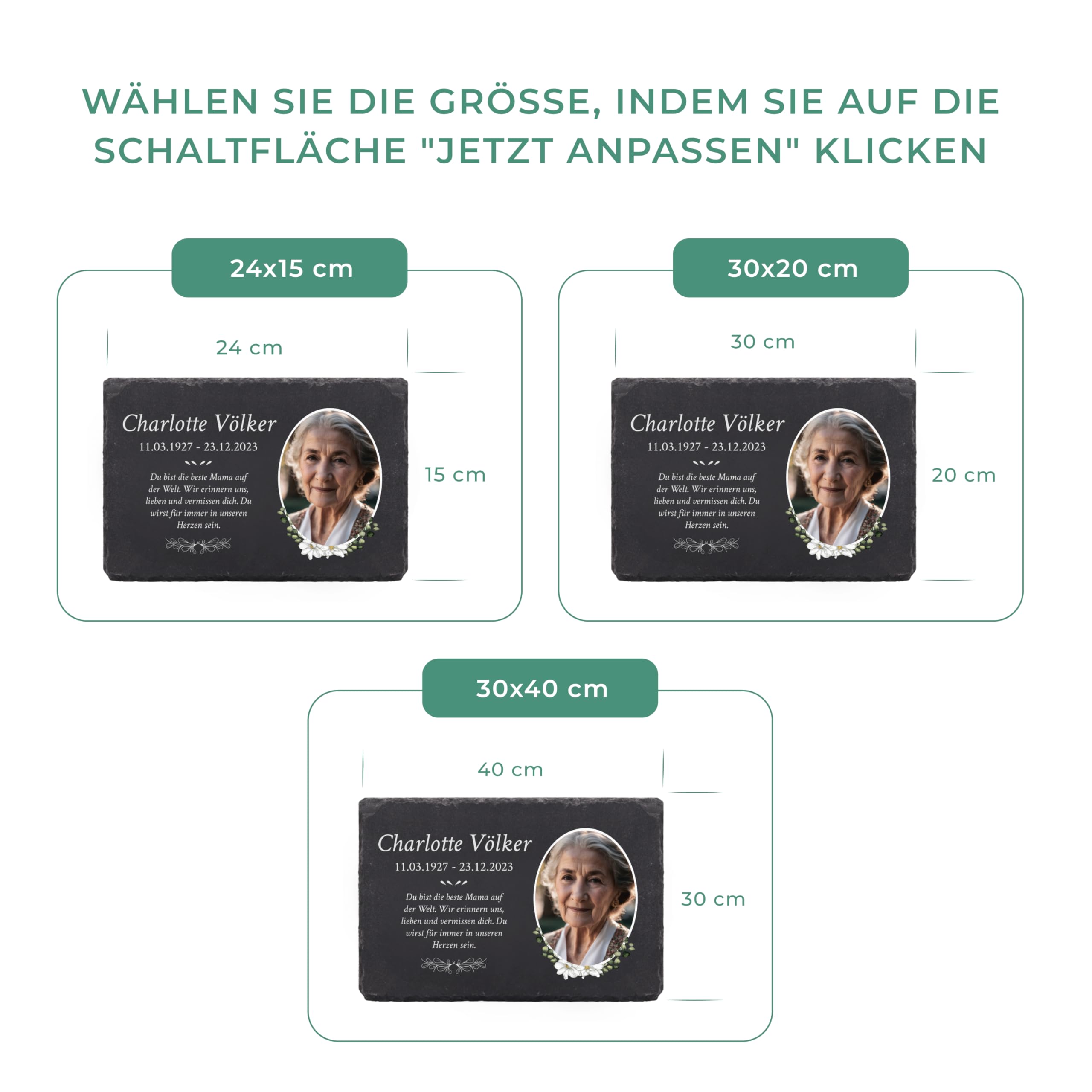 LAUBLUST Personalisierte Grabplatte als Grabschmuck für Menschen mit Wunschtext | Schieferplatte mit Gravur als Grabstein Deko & Grabtafel - Blumen, 3 Größen | Schöne Grabsteine mit Name & Foto