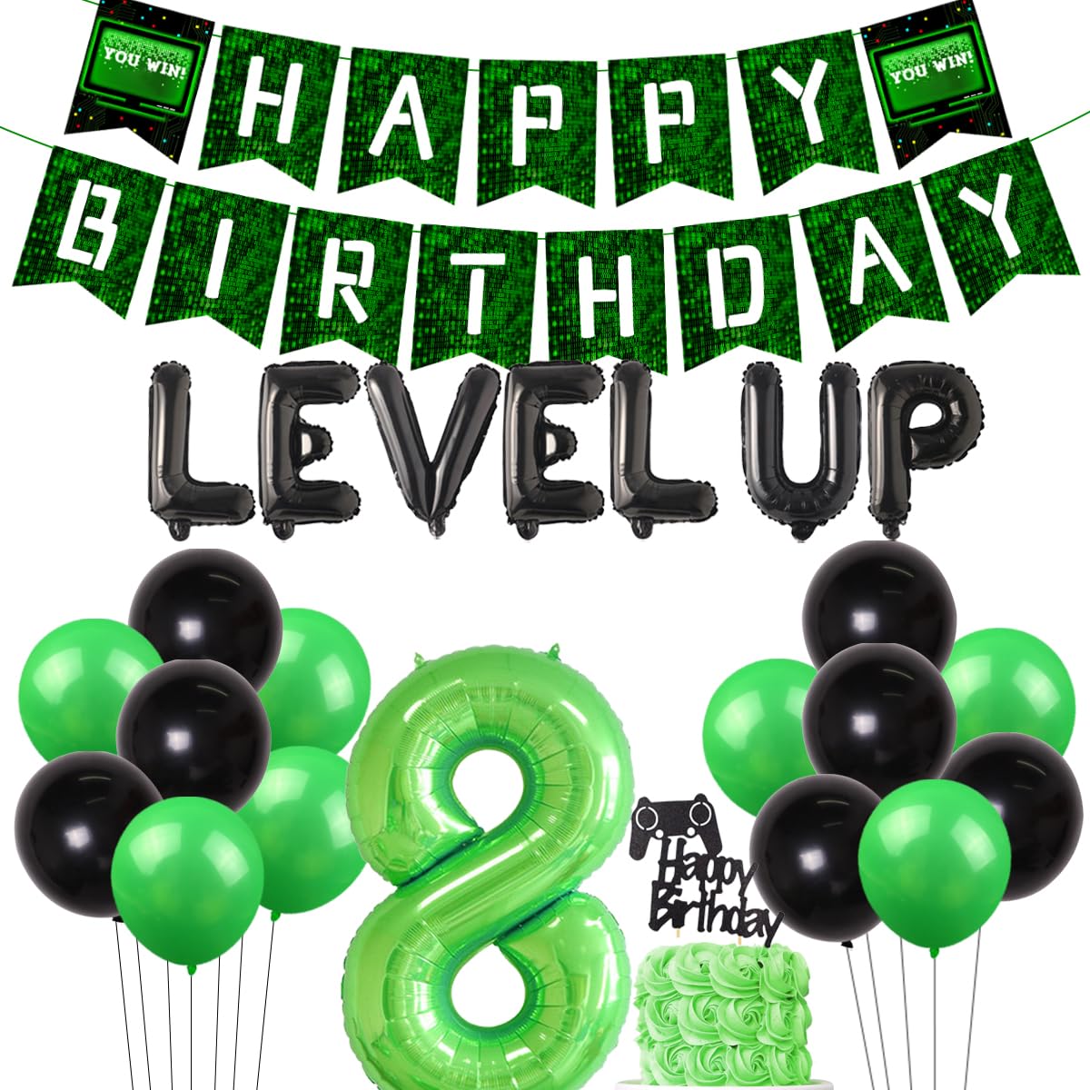 8th Birthday Decorations for Boys, Video Game Level Up Party Decorations Green Black Balloons level Up 8 Game Controller Balloon Happy Birthday Banner