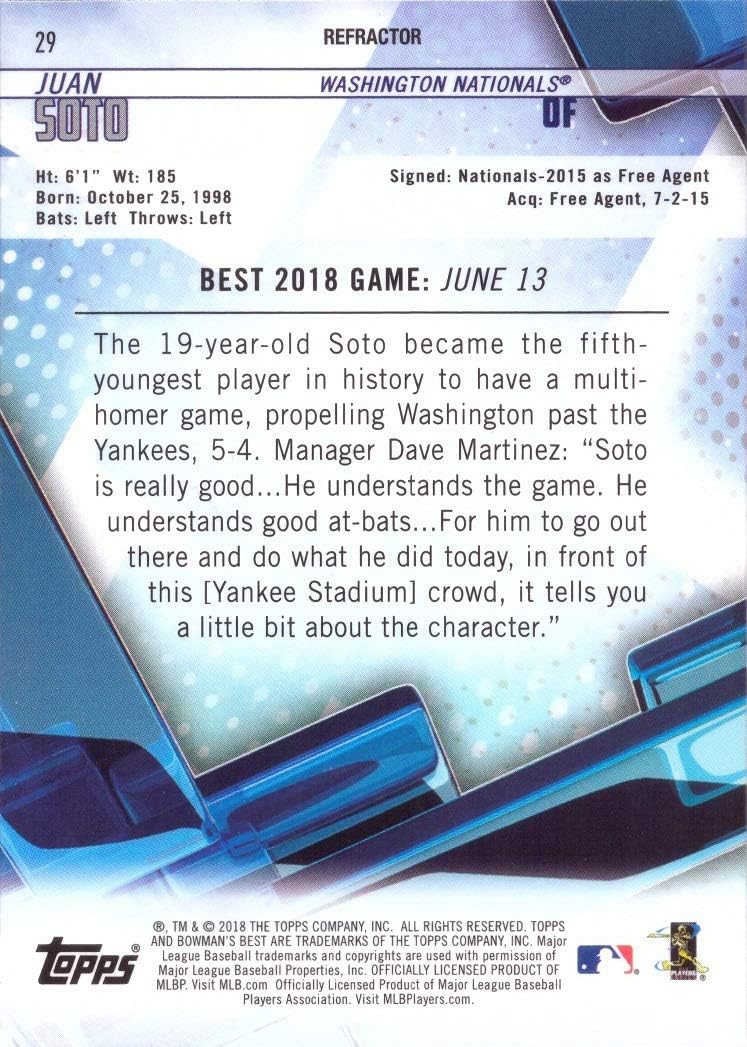 2018 Bowman's Best Refractor Baseball #29 Juan Soto Rookie Card