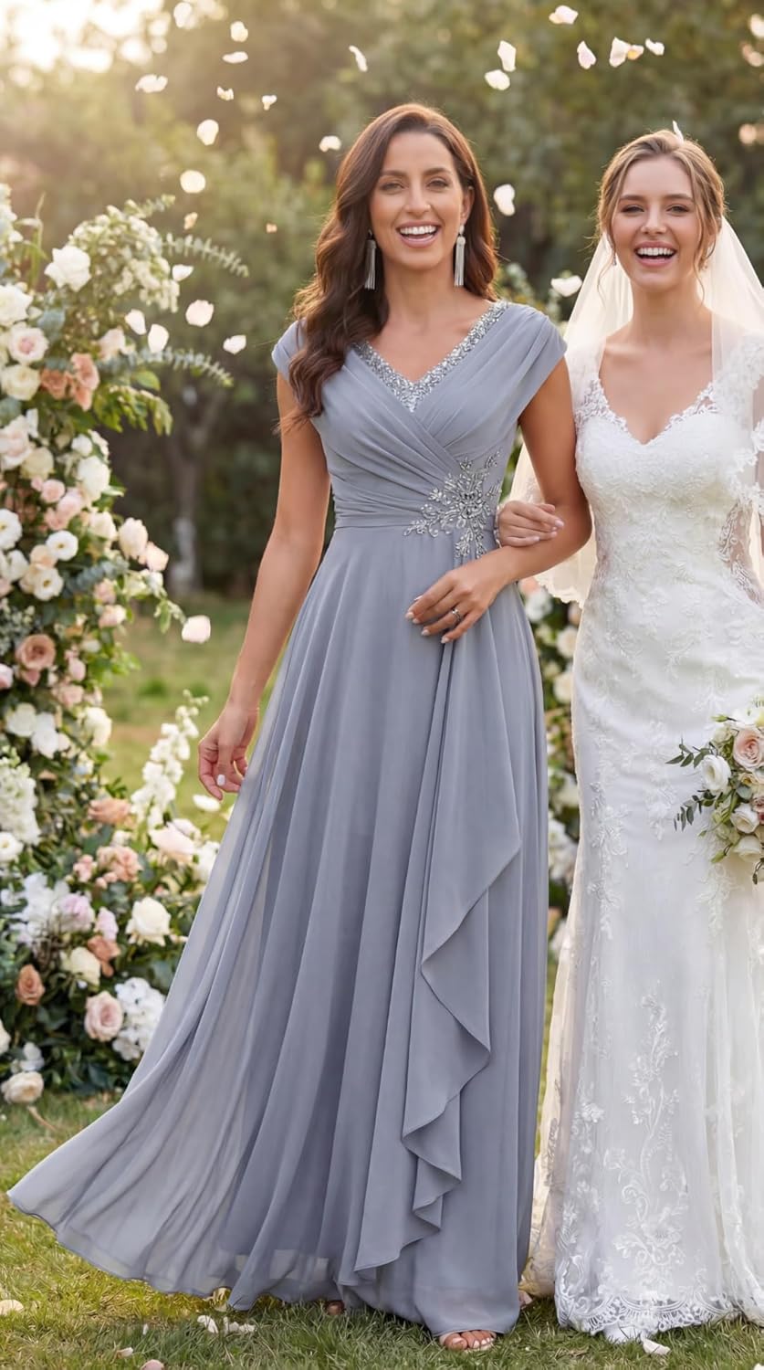 Chiffon Mother of the Bride Dresses Long Floor Length Lace Appliques A Line Formal Dress OE158