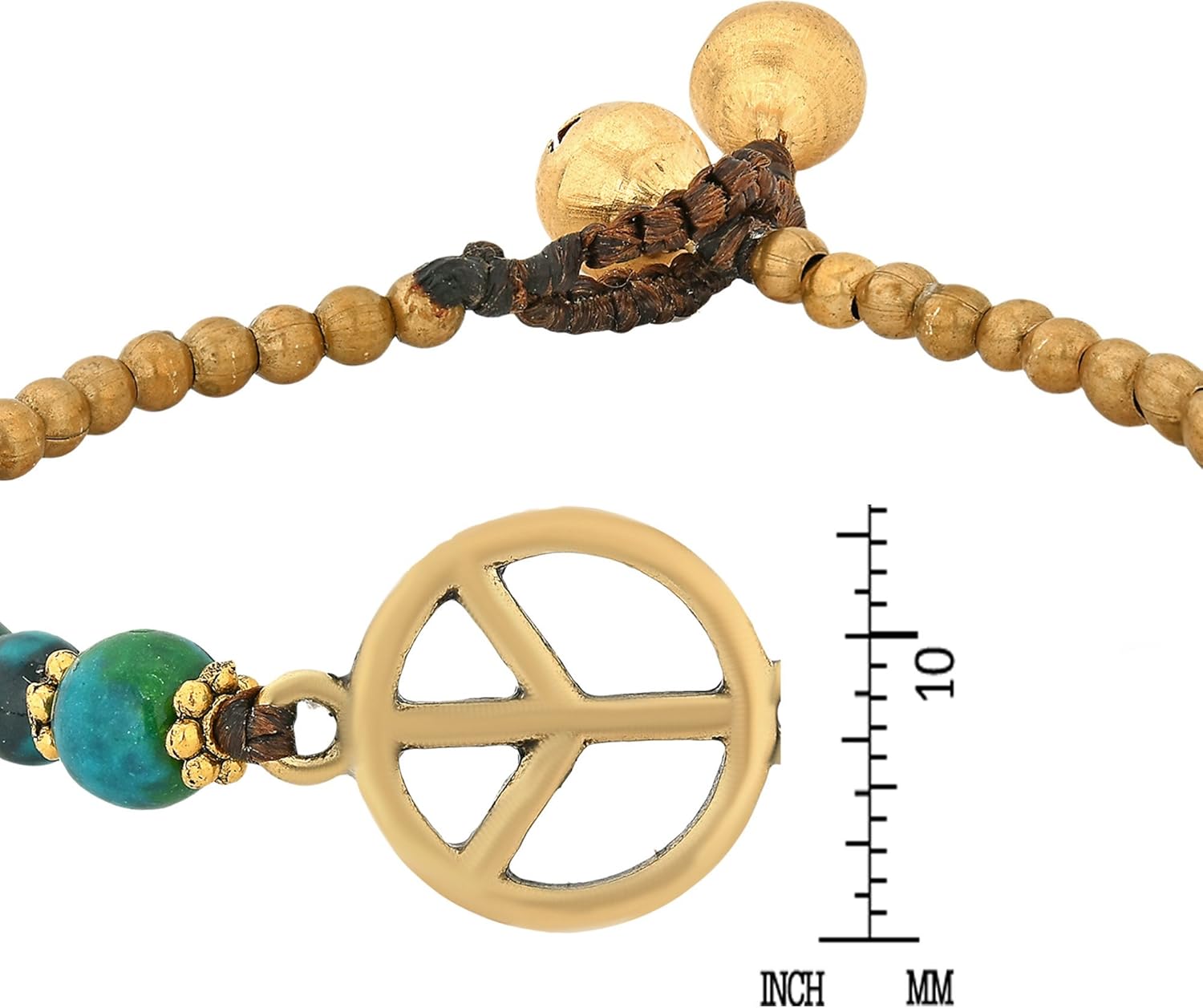 AeraVida Vintage Peace Sign Bracelet with Malachite and Brass Beads on Cotton Wax Rope | Handmade Green-Tone Symbolic Jewelry with Toggle Closure | Boho Style Accessory - Image 4