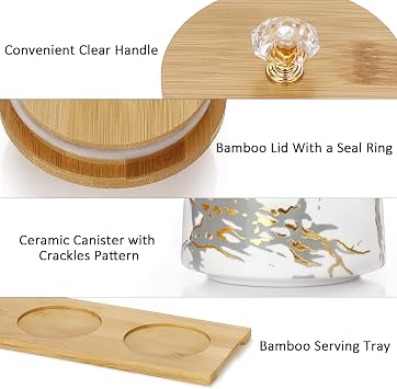 BTSKY 3pcs White Ceramic Canisters with Wood Lid and Tray | Airtight, Food Storage Containers, Glass Handle, For Coffee Tea Sugar, Ceramic Jars Storage Pot for Home Kitchen Cafe