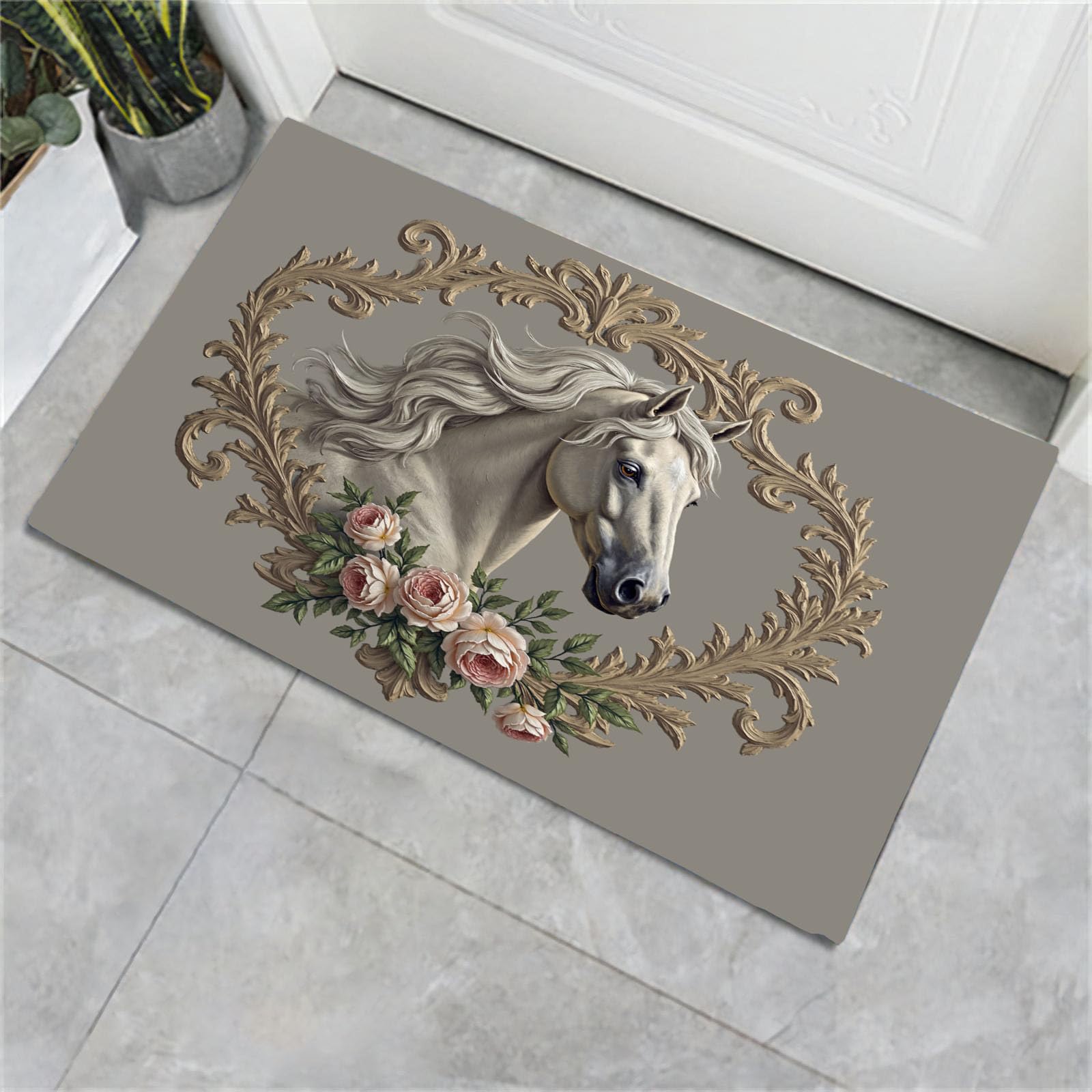 Tapis entrée baroque tête de cheval et fleurs au style classique