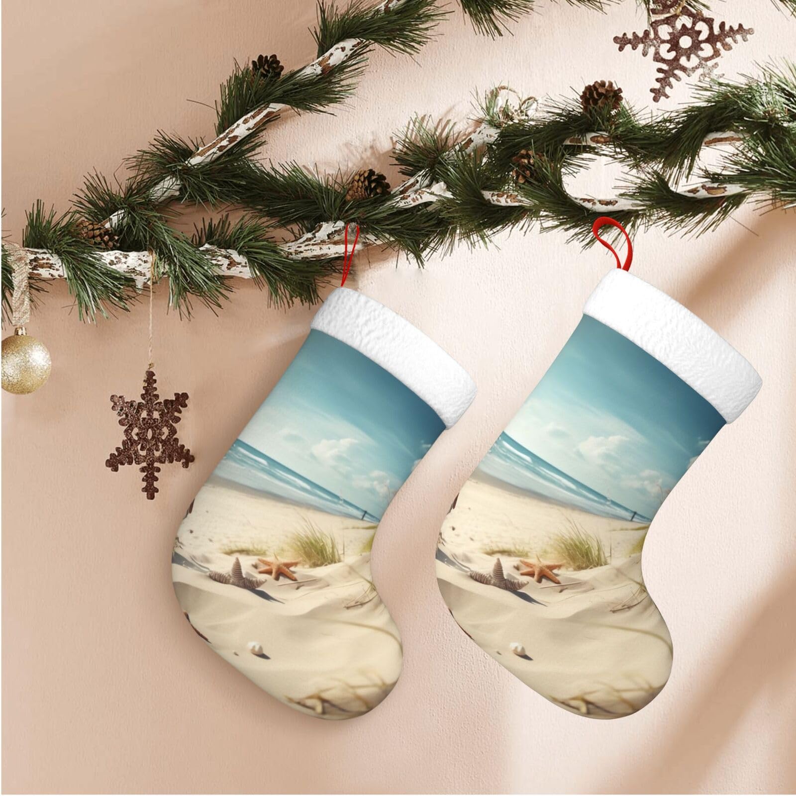 Beach Seaside Christmas Stockings Velvet Xmas Fireplace Hanging Stocking with Plush Cuff Rustic Christmas Santa Stockings for Home Christmas Decorations Party Favor Supplies