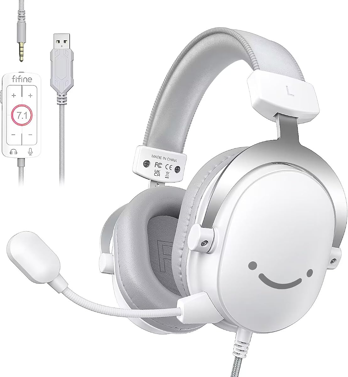 Auriculares USB para juegos de PC con conector de audio de 3,5 mm, micrófono desmontable, sonido envolvente 7.1, control de volumen, auriculares con cable para colocar sobre las orejas para computadora, PS5, controlador, Xbox-H9 blanco | Controladores de 50 mm, sonido envolvente 7.1 nítido, conectividad dual USB/3,5 mm, cuero proteico suave, caja de control USB, para PC, Xbox, PS4/5
