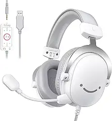 FIFINE Fone de ouvido USB para jogos de PC com conector de áudio de 3,5 mm,microfone removível,som surround 7.1,controle de volume,com fio para streaming para PS5,computador,controlador,Xbox-H9 branco