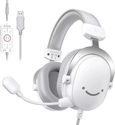 FIFINE Fone de ouvido USB para jogos de PC com conector de áudio de 3,5 mm,microfone removível,som surround 7.1,controle de volume,com fio para streaming para PS5,computador,controlador,Xbox-H9 branco