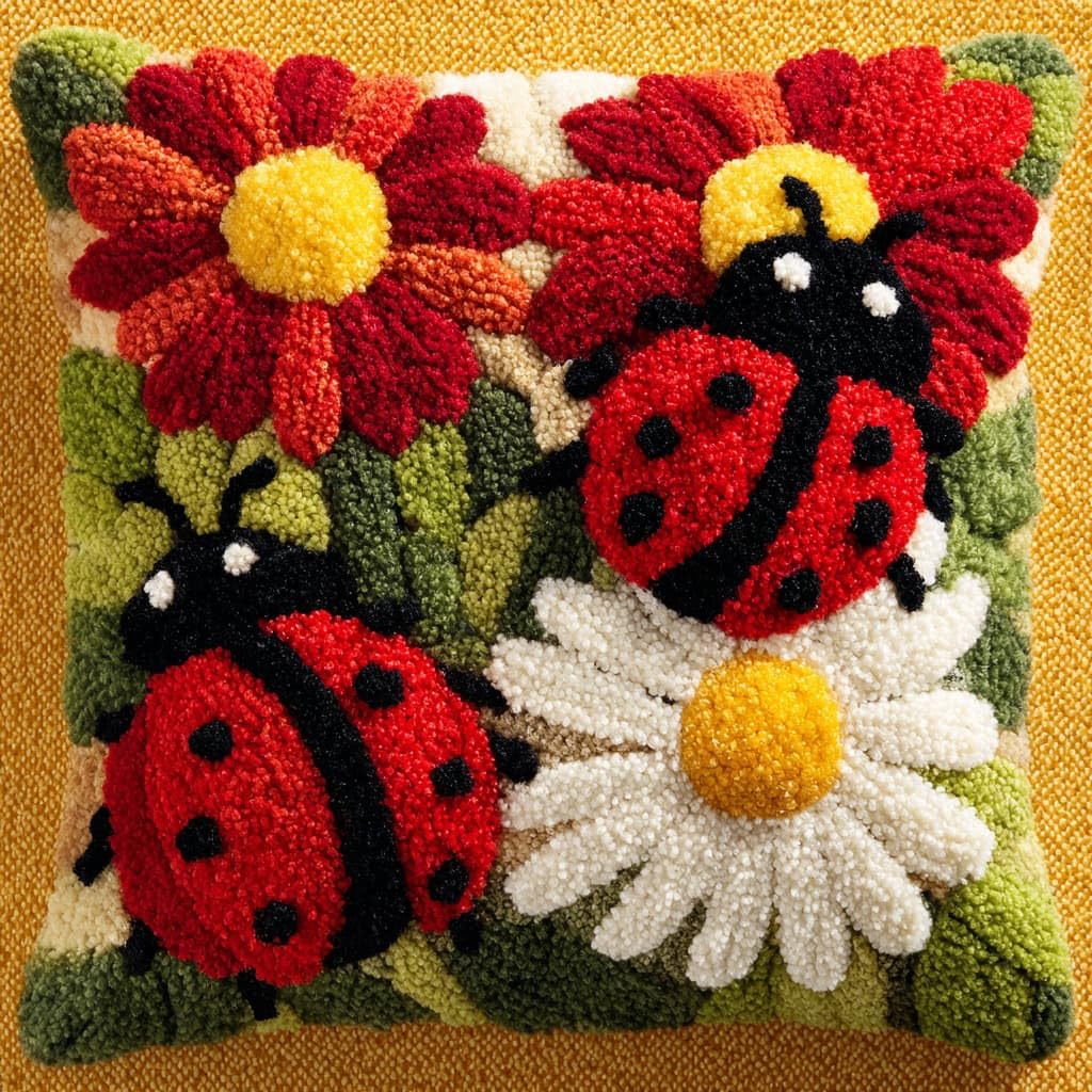 Henypt Latch Hook Cushion Kits Flowers and Ladybugs