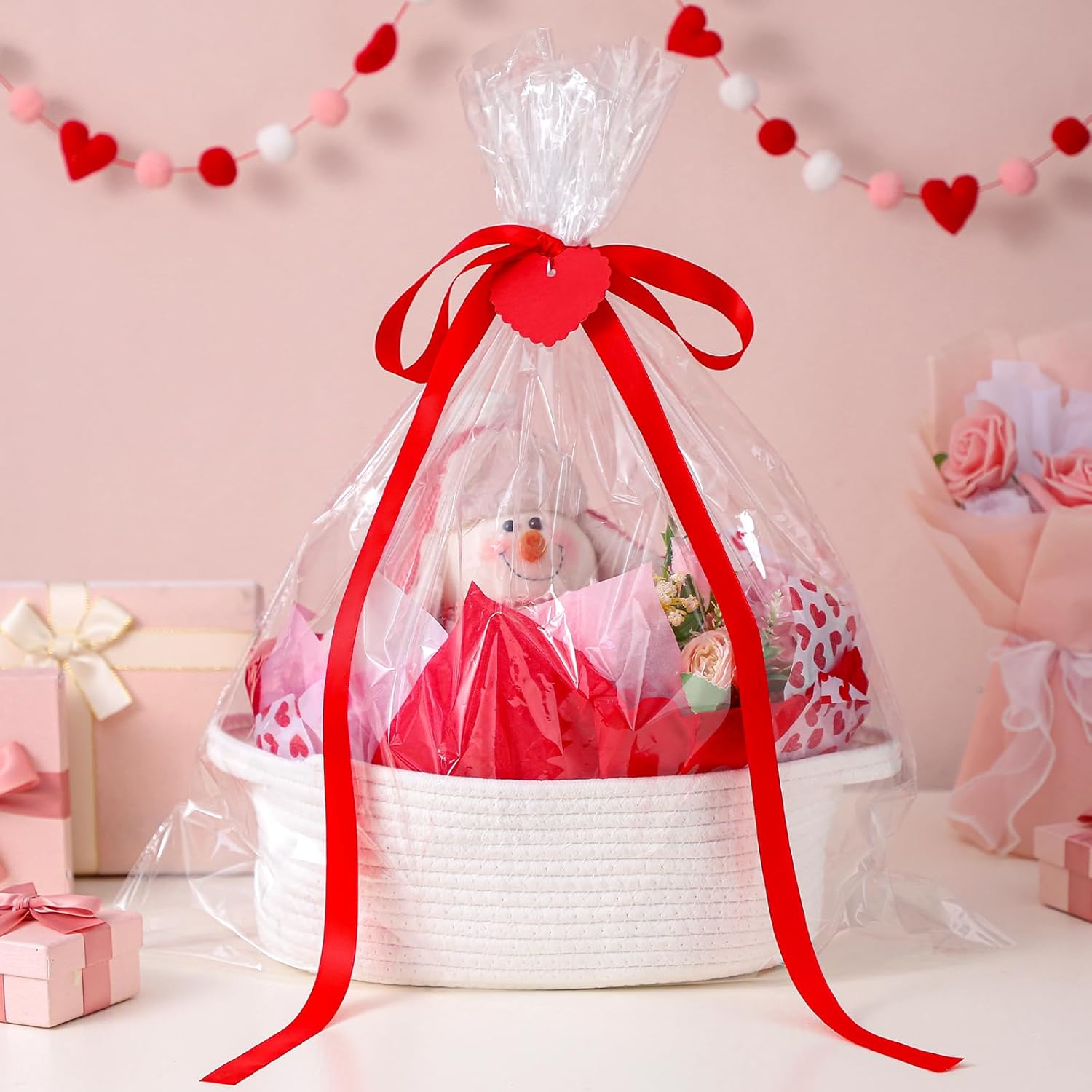 Pickmesh 10 Pcs 1 Set Valentines Gift Basket Small Woven Basket with Gift Bags Tissue Paper Label and Ribbons Clear Cellophane Bags Tags for Valentines Day Holiday Party Supplies