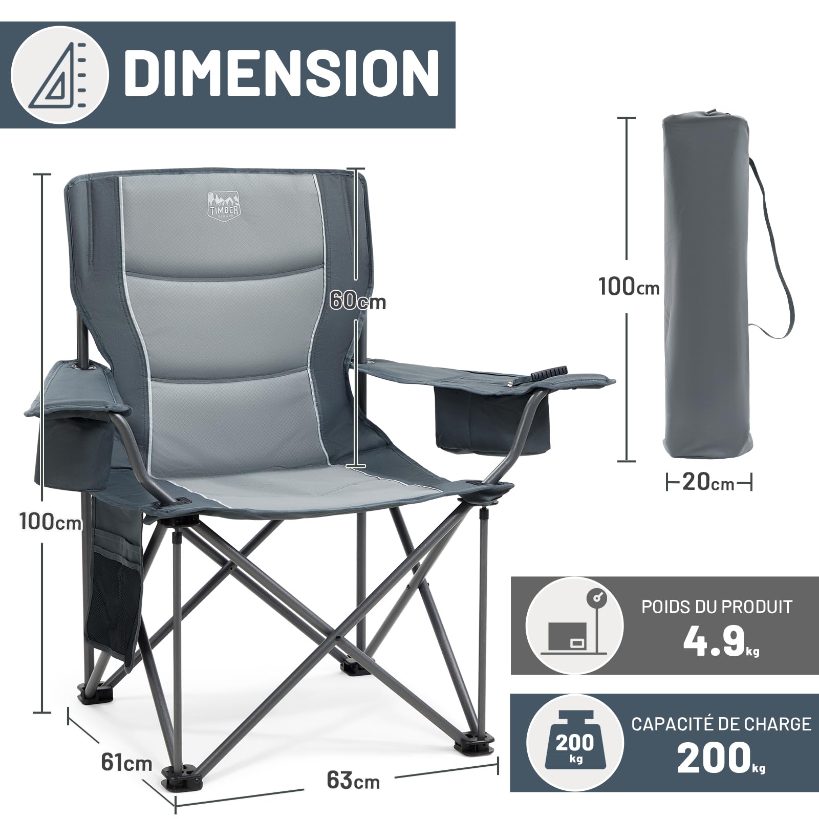 TIMBER RIDGE 2Pcs Chaise Pliante Camping 200kg 63cm Large-siège Confortable Chaise de Exterieur Rembourrée Porte-Gobelet Sac Isotherme Accoudoirs Réglables pour Pêche Voyage Festival