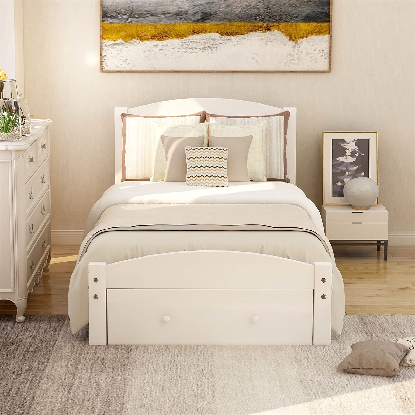 AVGVLIJ Platform Twin Bed Frame with Storage Drawer and Wood Slat Support No Box Spring Needed, White (White)