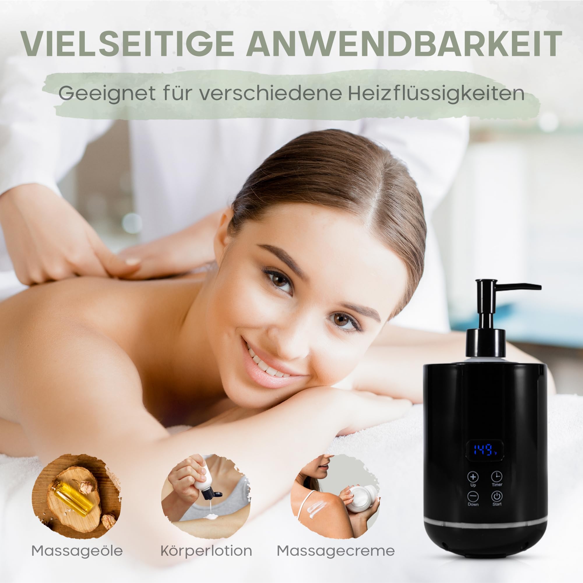 Massageöl Wärmer, 250 ml Kunststoff Flasche (2x), Fast-Heating Technologie (20 Min Aufheizen), Massageöl und ätherische Öle, Temperatur (30-65 Grad), Massage Wellness, stilvoller Erwärmer (Schwarz)