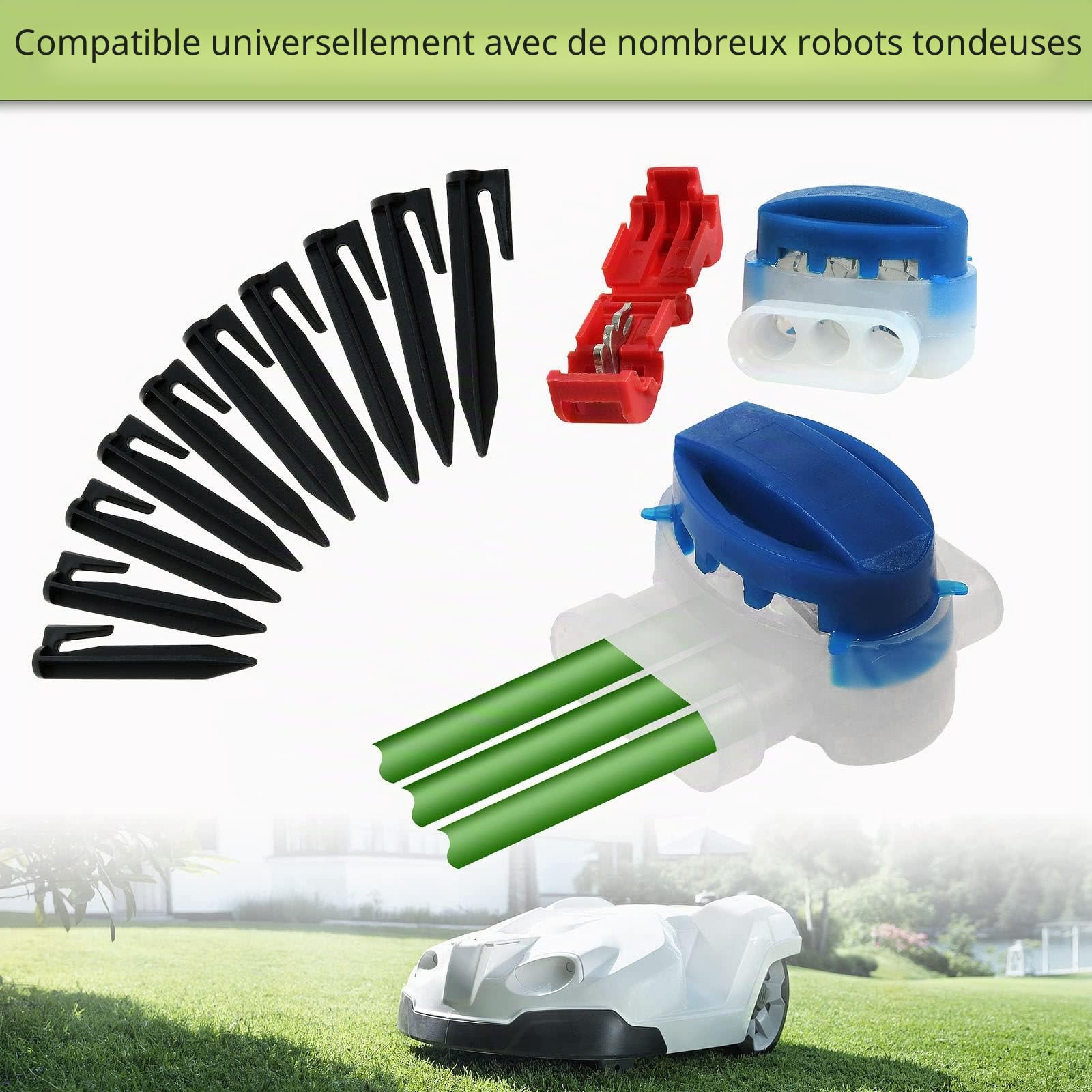 Kit de réparation avec câble de délimitation de 500 m 3,4 mm 600 crochets, 10 connecteurs, 4 bornes pour robot tondeuse