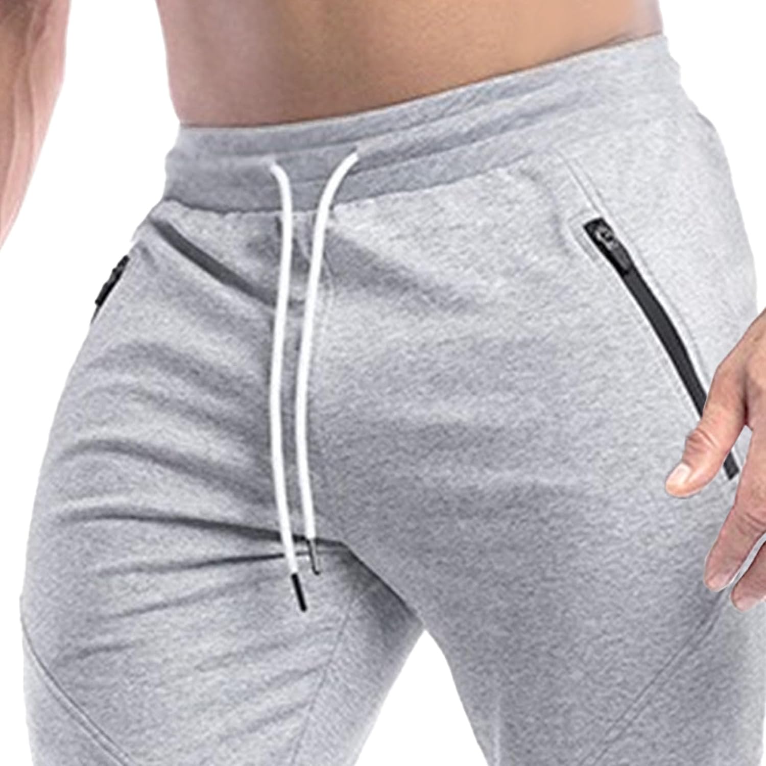 Men's Slim Fit Stretch Solid Hiking Pants Cotton Casual Running Athletic Pants Elastic Waist Zipper Trousers
