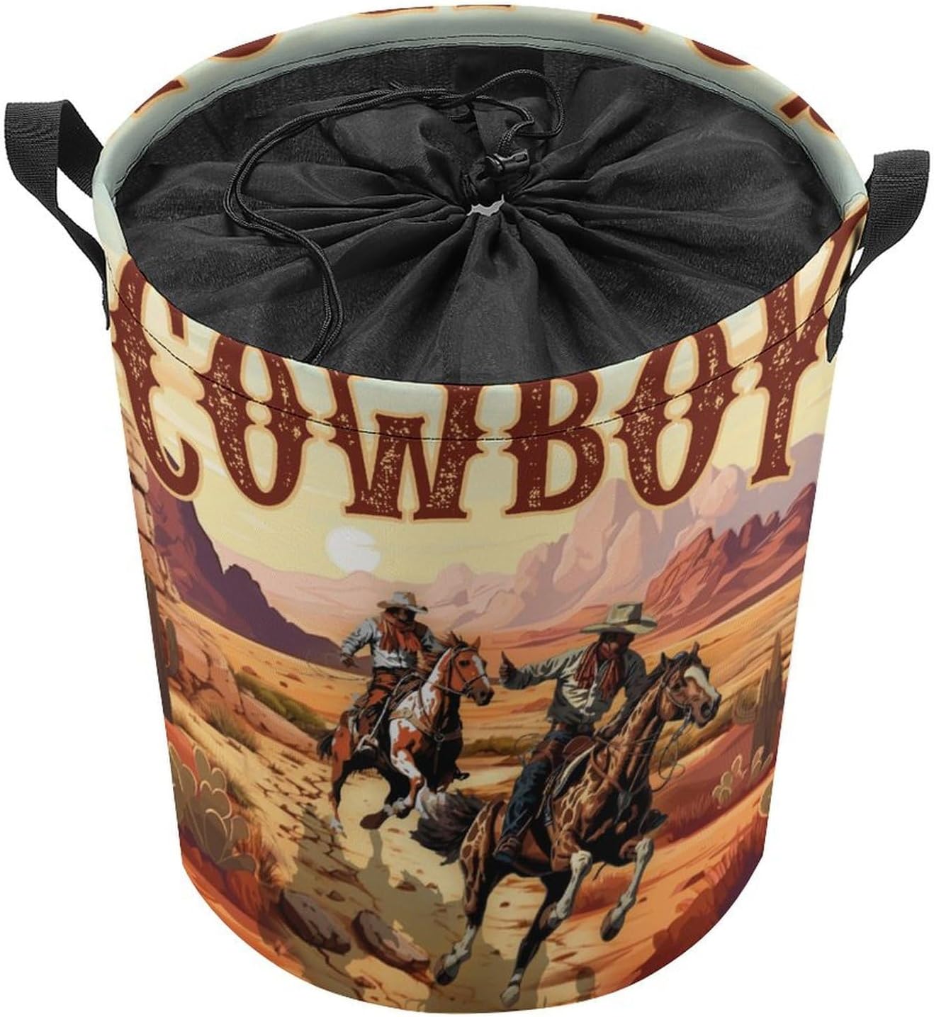 Brebasf Rustic Western Cowboy Horse Freestanding Laundry Hamper,Vintage Wild West Country Farmhouse Cactus Drawstring Portable Large Volume Laundry Basket-13.8W X13.8L X17.3H IN