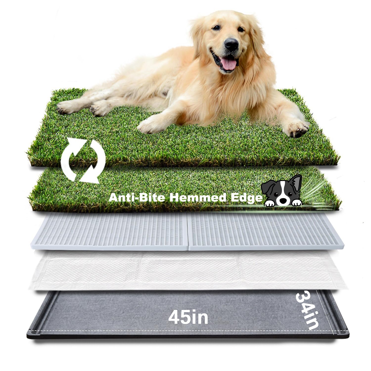 HQ4us Dog Grass Pad with Tray Extra Large 45”×34” Dog Litter Box Toilet with 2×Artificial Grass for Dogs with Hemmed Edge, Pee Pads for Dogs, Realistic, Less Stink, Potty for Balcony
