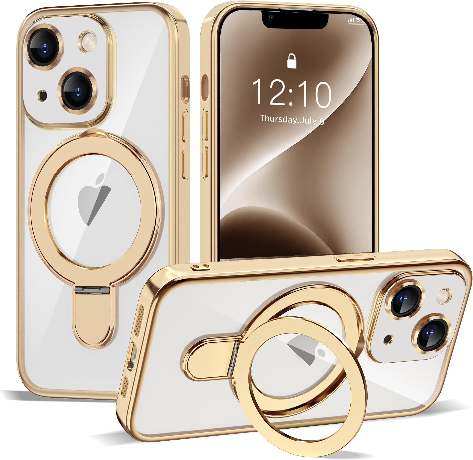 Compatible with iPhone 14 Plus Case with Invisible Magnetic Ring Stand [Compatible with Mag-Safe] [Full Camera Lens Protector] Plating Clear Phone Case for iPhone 14 Plus 6.7", Gold
