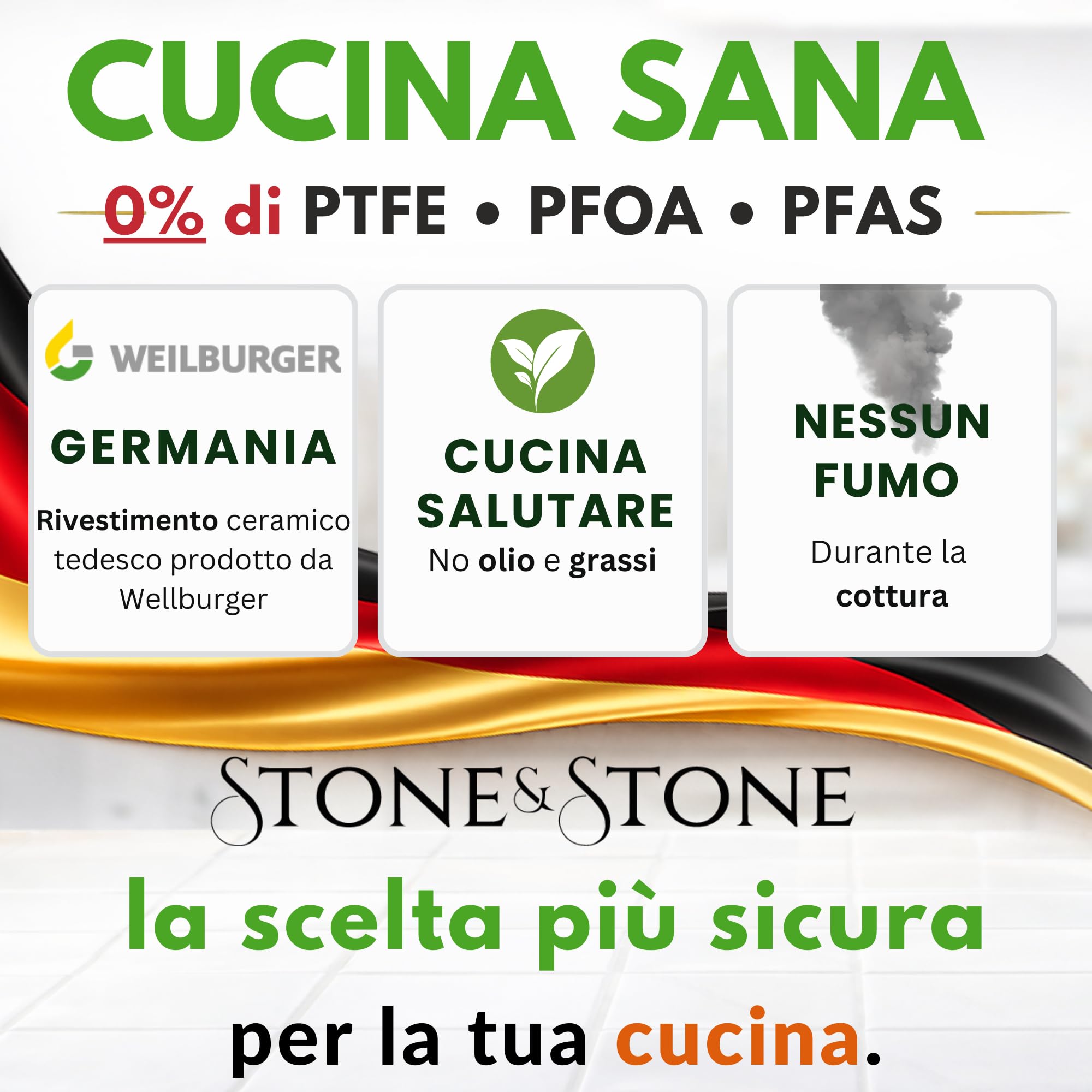 Stone&Stone Padella 24 cm per Induzione e gas | Super Antiaderente Ceramico Tedesco Professionale | Priva PFOA - PFAS - PTFE | Fondo in acciaio pieno | Coperchio in Vetro + Cucchiaio - 4