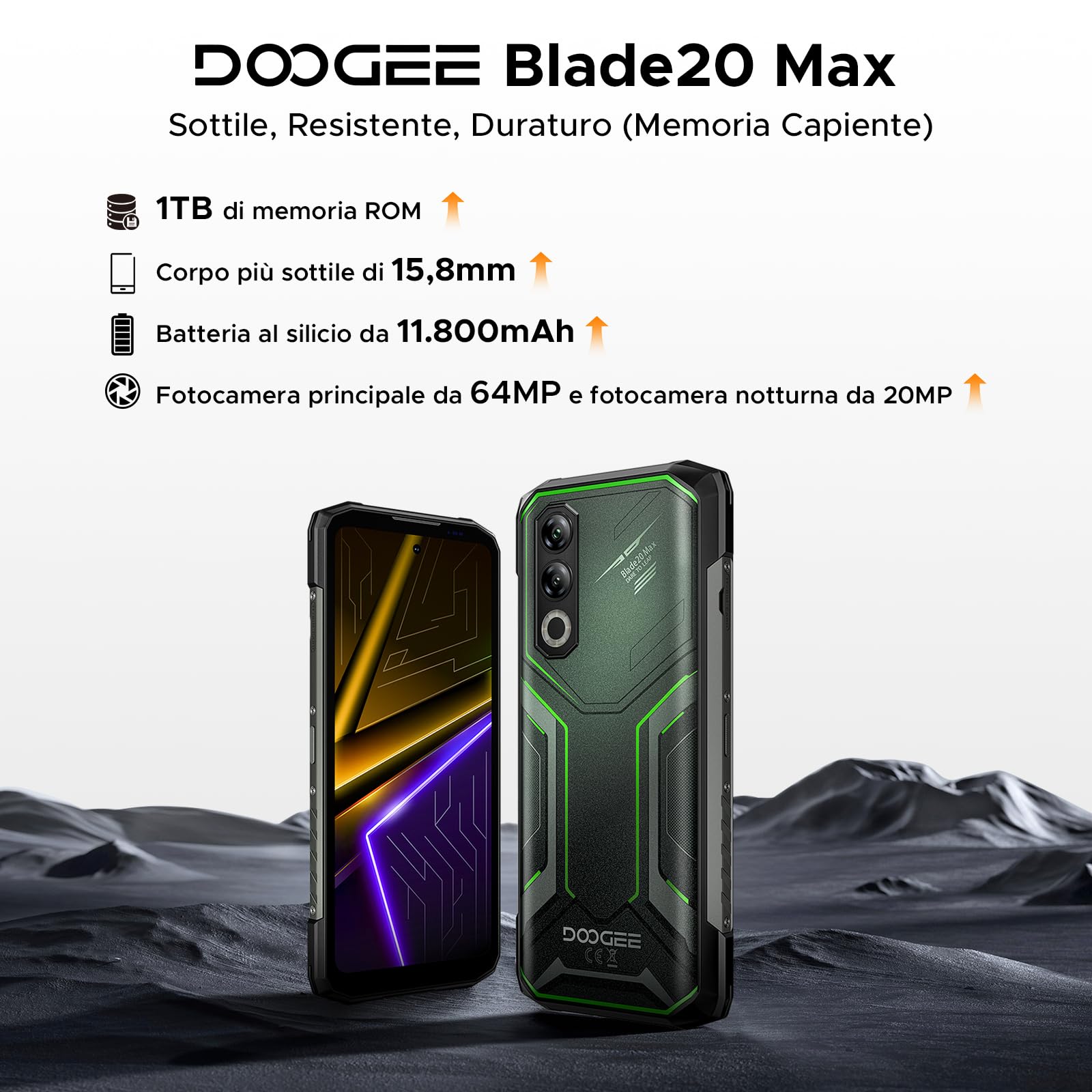 DOOGEE Blade 20 Max Rugged Smartphone, 36GB RAM+1TB ROM(2TB TF) Telefono Indistruttibile, 11800mAh/33W, MTK Helio G100 Octa Core, 6.6" 120Hz, 64MP+20MP+16MP, Android 15/NFC/4G Dual SIM/Face ID
