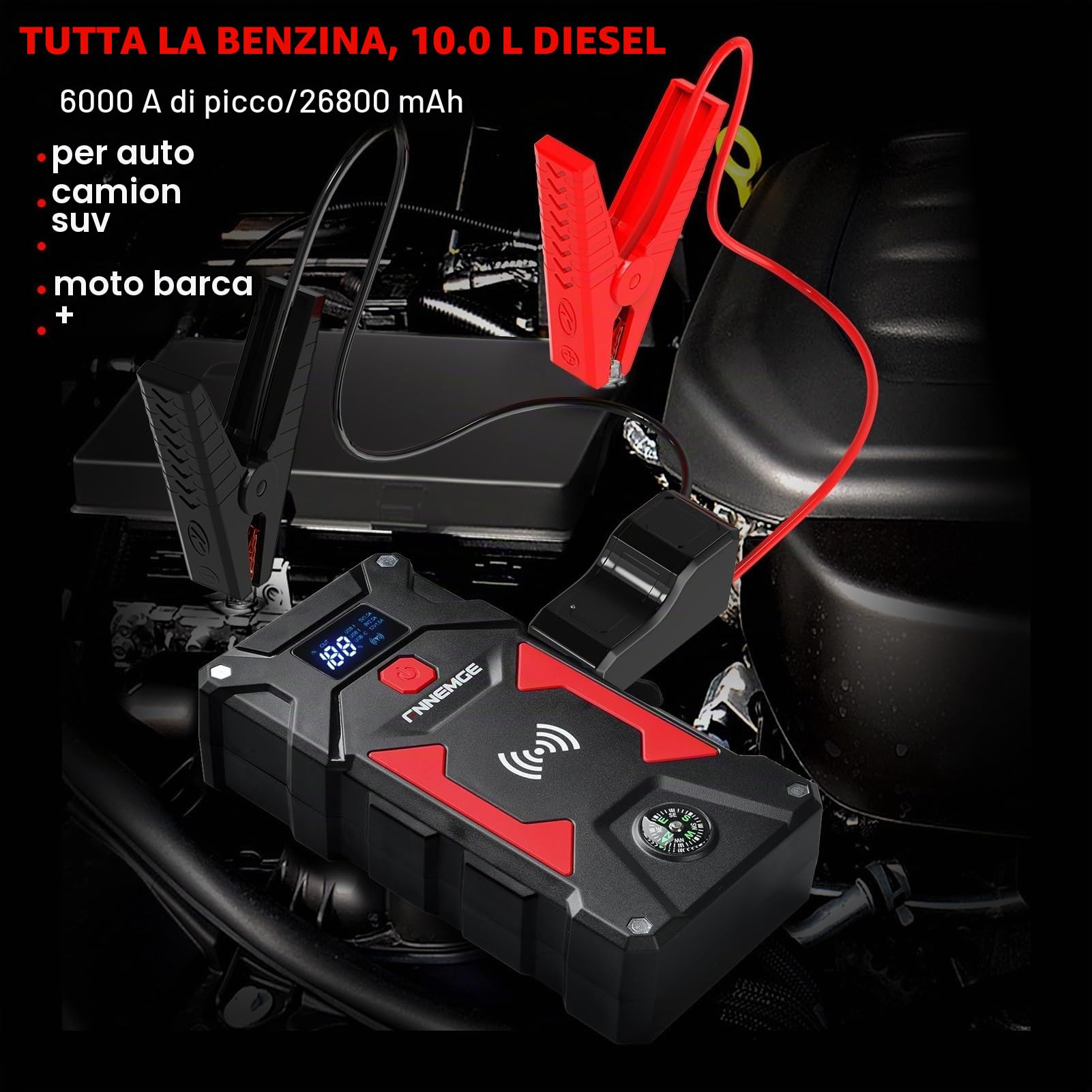 FNNEMGE Avviatore Batteria Auto, 6000A 26800mAh (Adatto a Tutti i Veicoli a Benzina o 10,0L Diesel) Avviatore Emergenza per Auto,con di Uscita USB, Luce LED,Adattatore di uscita EC-5.