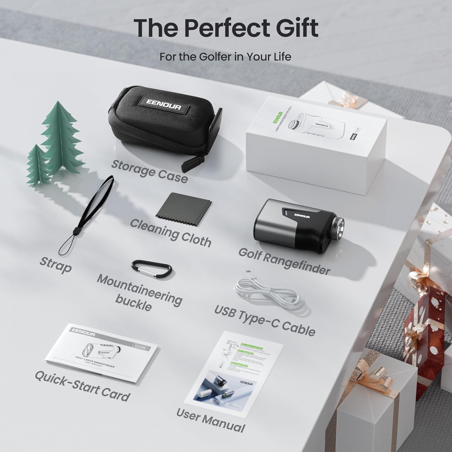 Contents of the EENOUR U1200 Golf Rangefinder package laid out: the rangefinder, storage case, strap, USB Type-C cable, user manual, quick-start card, cleaning cloth, and mountaineering buckle.